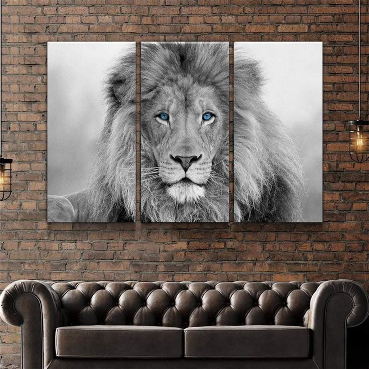 JESC 3 Panel Canvas Wall Art Blue Eyes Wild Animals Lion Black White Lion King Wall Paintings Canvas Poster for Wall Decor for Men Living Room Bedroom with Wooden Frame 12x20inchx3
