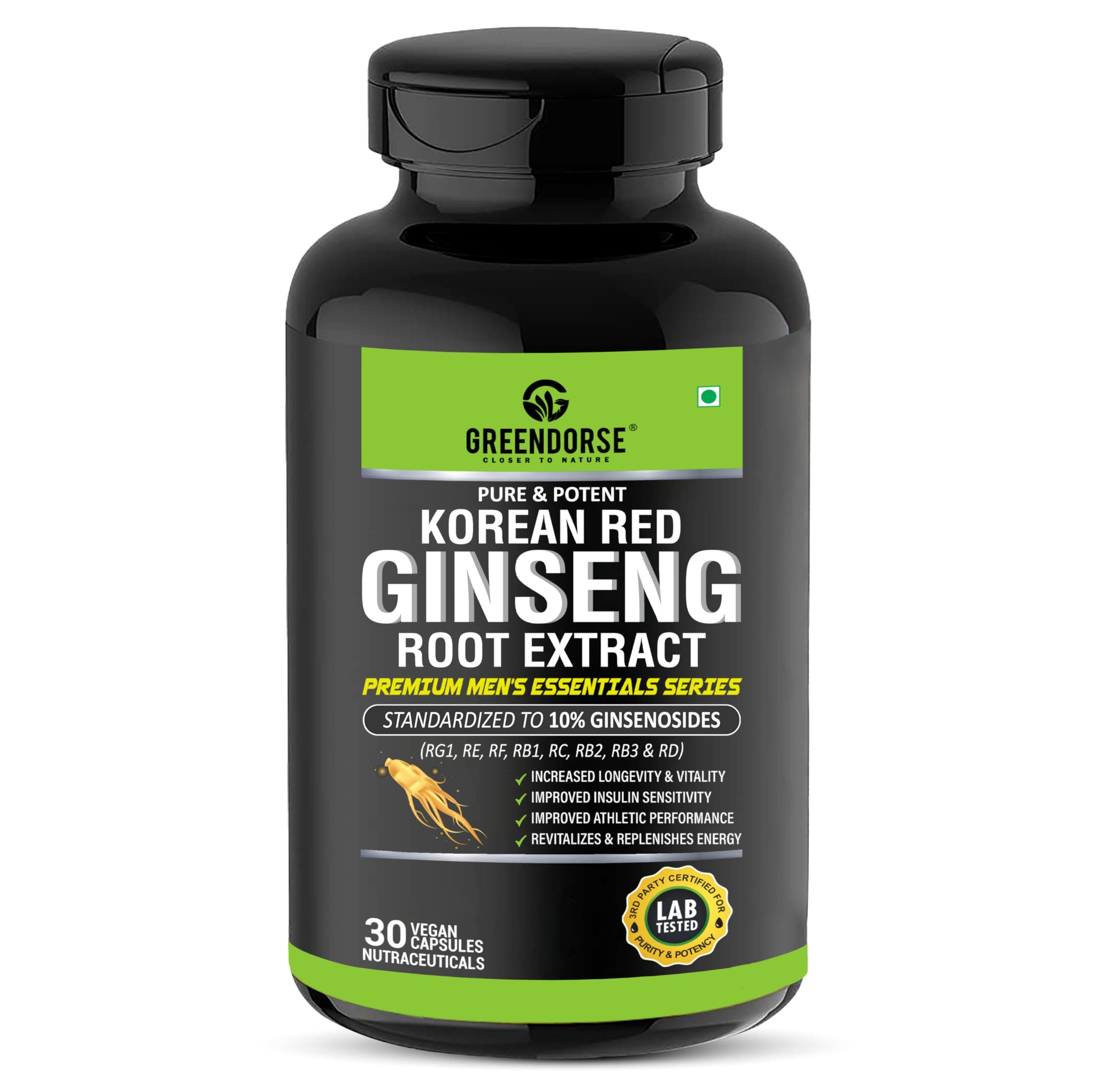 GREENDORSE Korean Red Panax Ginseng Root Extract | 10% Root Ginsenosides by HPLC | Extra Strength Ginsenosides for Energy, Focus, Performance, Vitality & Immune Support- 30 Veg Capsules