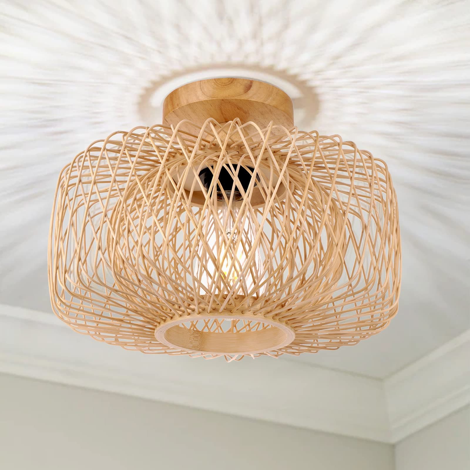 FRIDEKO HOME Woven Rattan Flush Mount Light Fixture - Boho Light Fixtures Ceiling Bedroom Ceiling Lights Flush Mount Ceiling Light for Living Room Hallway Kitchen Entryway Farmhouse