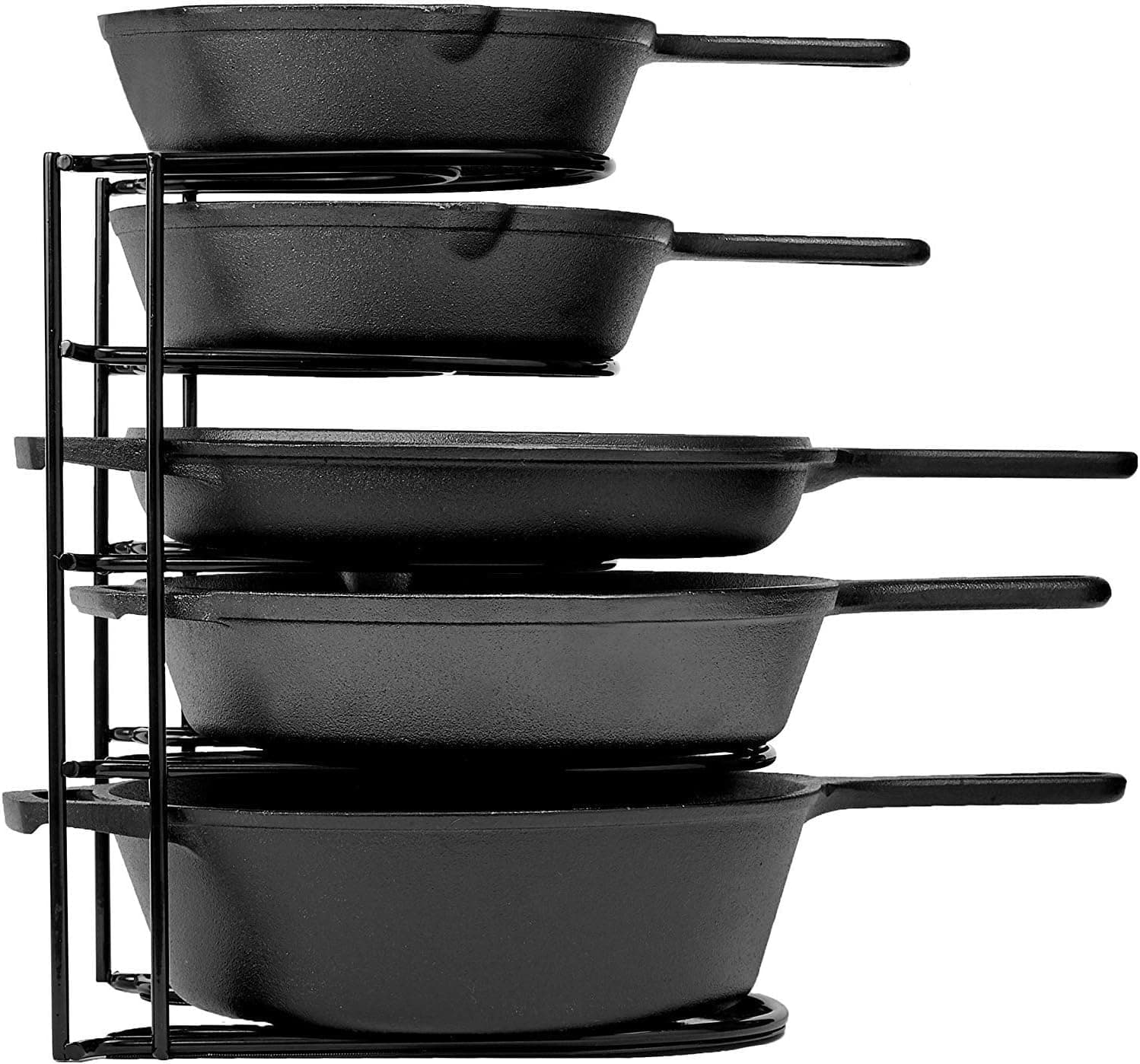 Heavy Duty Pan and Pot Organizer, Rack - Holds Cast Iron Skillets, Griddles and Shallow Pots - Durable Steel Construction - no Assembly Required (5 Tire Design)