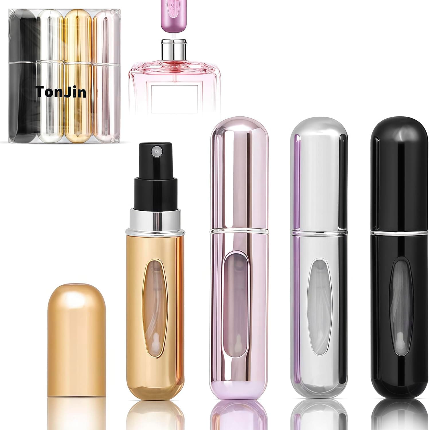 TonJin 4PCS 5ml Perfume Atomiser Refillable Bottles Portable Mini Spray Travel Bottle Easy to Refill Empty Atomizer Bottle for Purse Handbag Pocket Luggage, Bright MultiColor