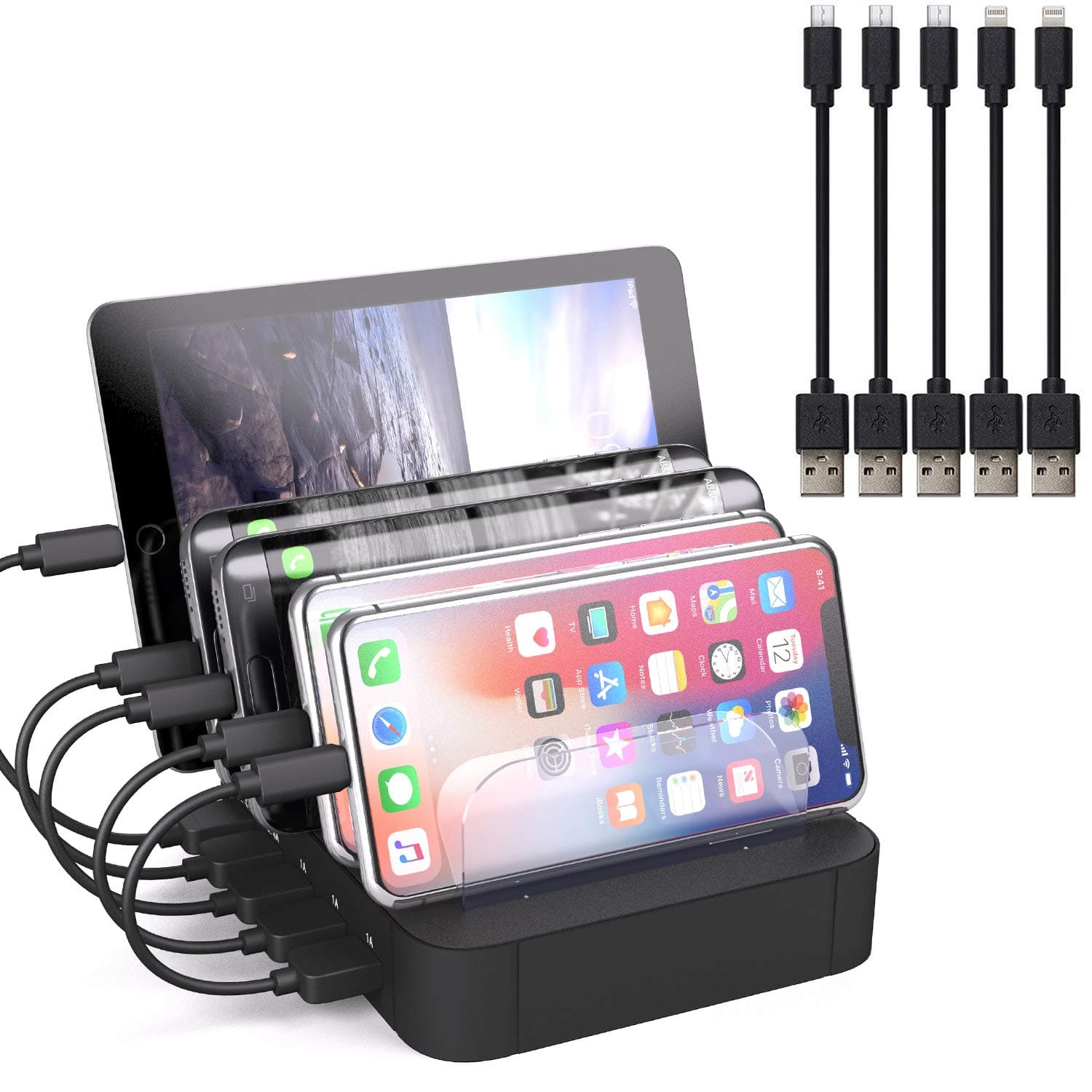 IMLEZON Multi Device Charging Station 5 Port USB Charger for Multiple Devices Cell Phone Tablet (Black)