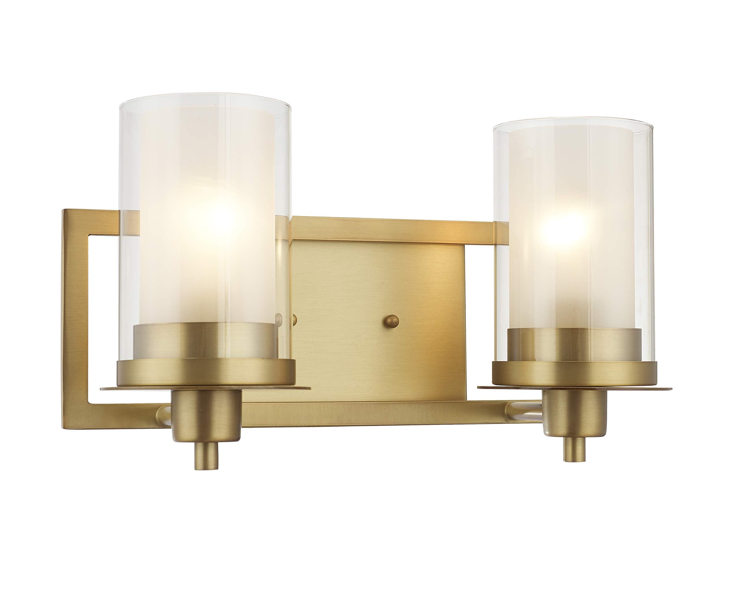 Designers Impressions Juno Brushed Brass 2 Light Wall Sconce/Bathroom Vanity Light Fixture with Clear and Frosted Glass: 73486