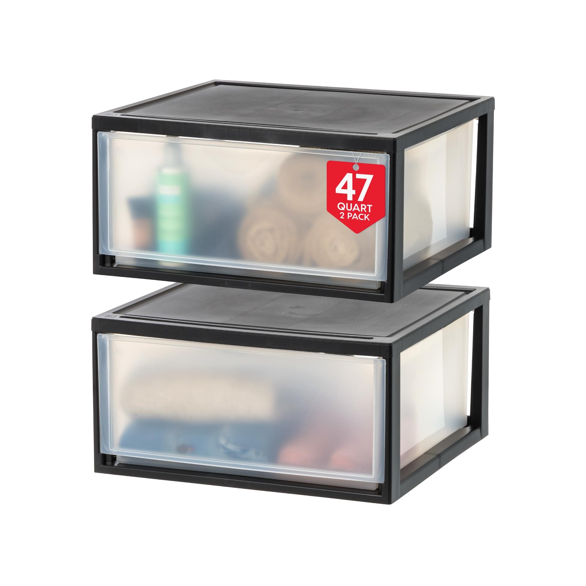 IRIS USA 47 Qt. Plastic Drawer Storage Organizer Stacking Drawers, 2-Pack, Stackable Unit with Sliding Drawer for Clothes Bedroom Kitchen Under Sink Pantry Craft Room Bathroom Dorm Office, Black