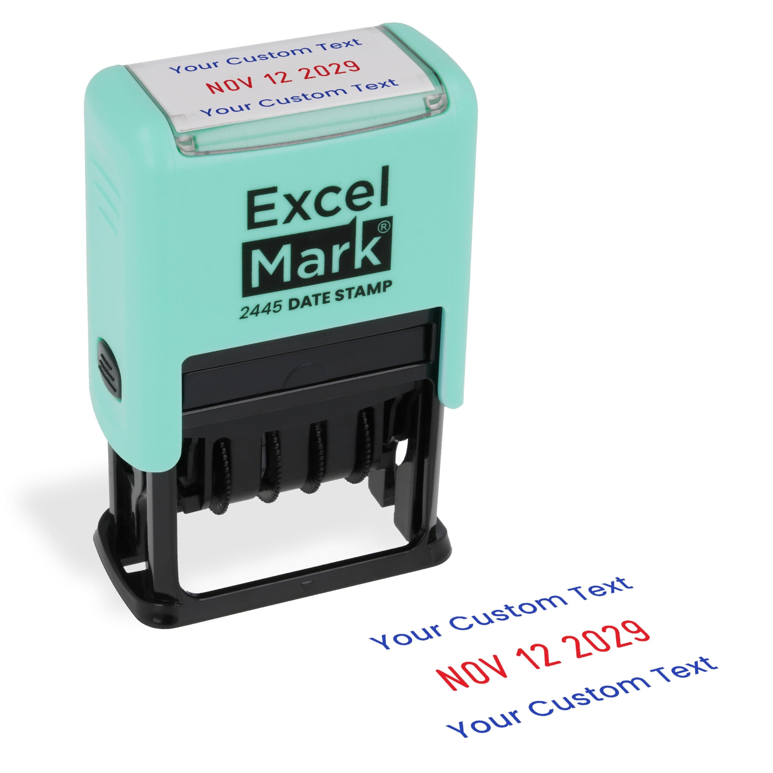 ExcelMark 2445 Date Stamp with Text - Blue and Red Ink (Seafoam Mount, Custom)