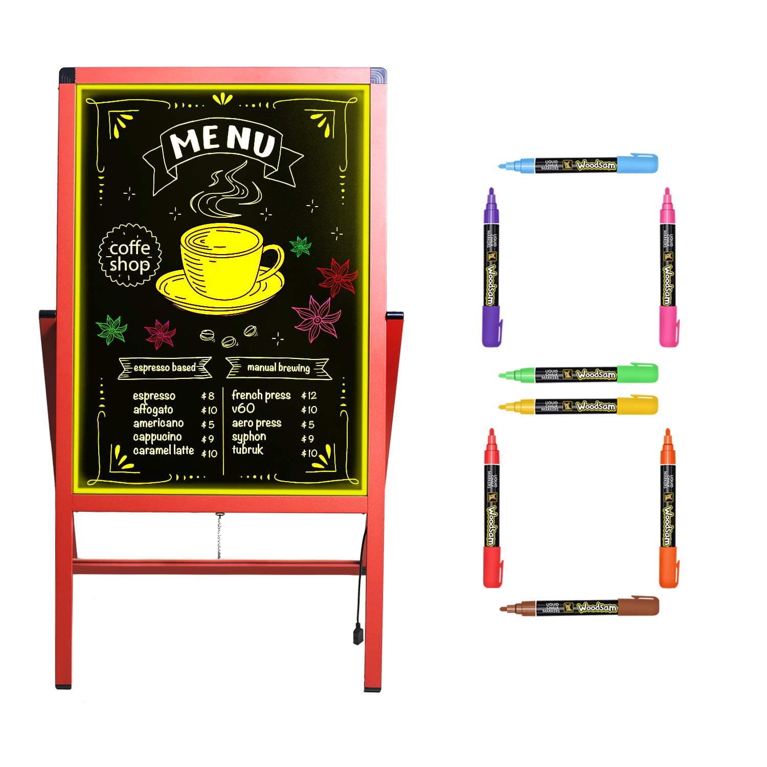 Woodsam 28"X20" Reversible LED Message Writing Menu Board/Chalkboard with Stand for Storefronts, Flashing Illuminated with Remote Controlled, Multiple Colors, Flash Modes