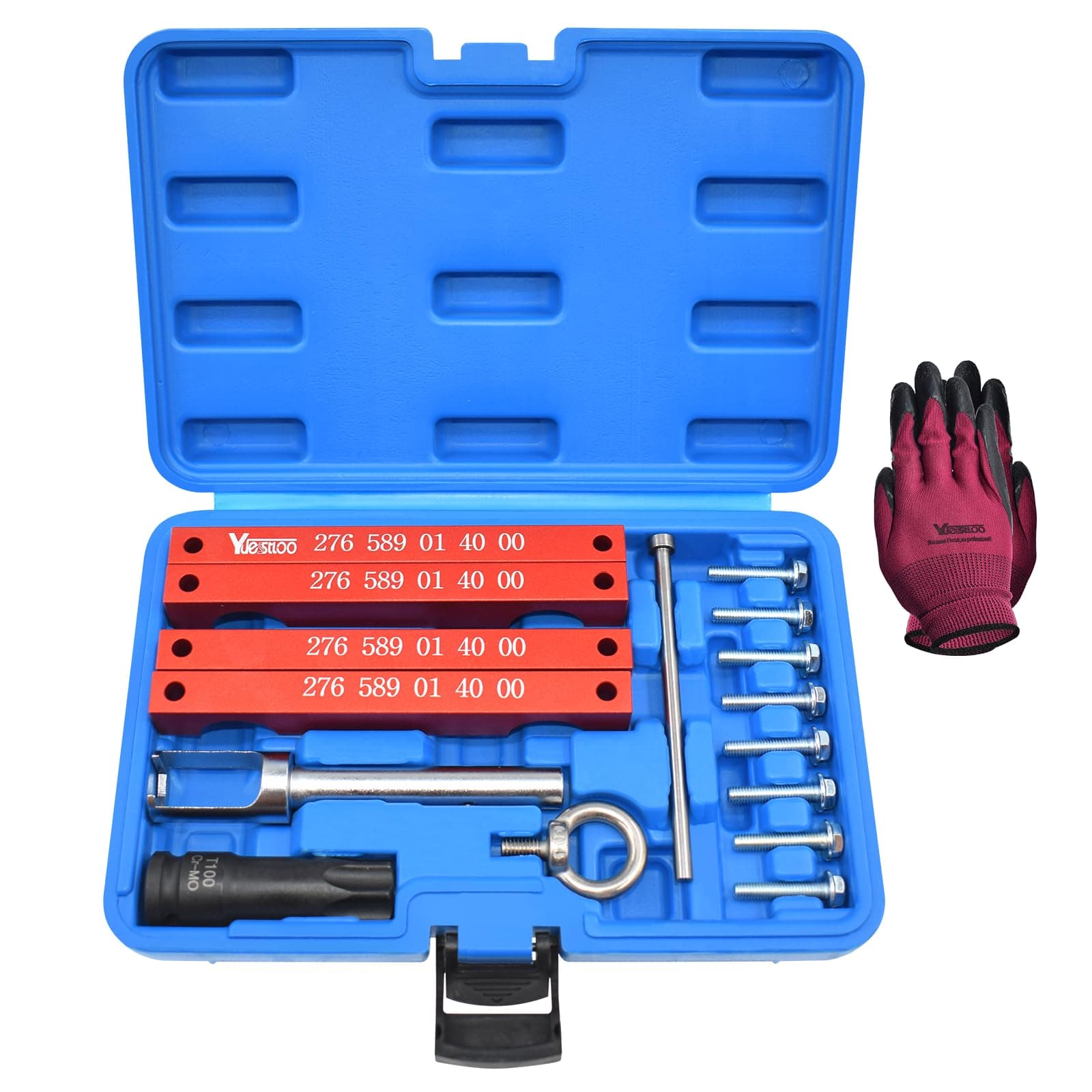 Engine Timing Tool Kit, Compatible with Mercedes Benz M157/M276/ M278, Camshaft Timing Tool with T100, Fuel Injector Puller, Rotary Rod, Fixing Screw, with Case and Gloves