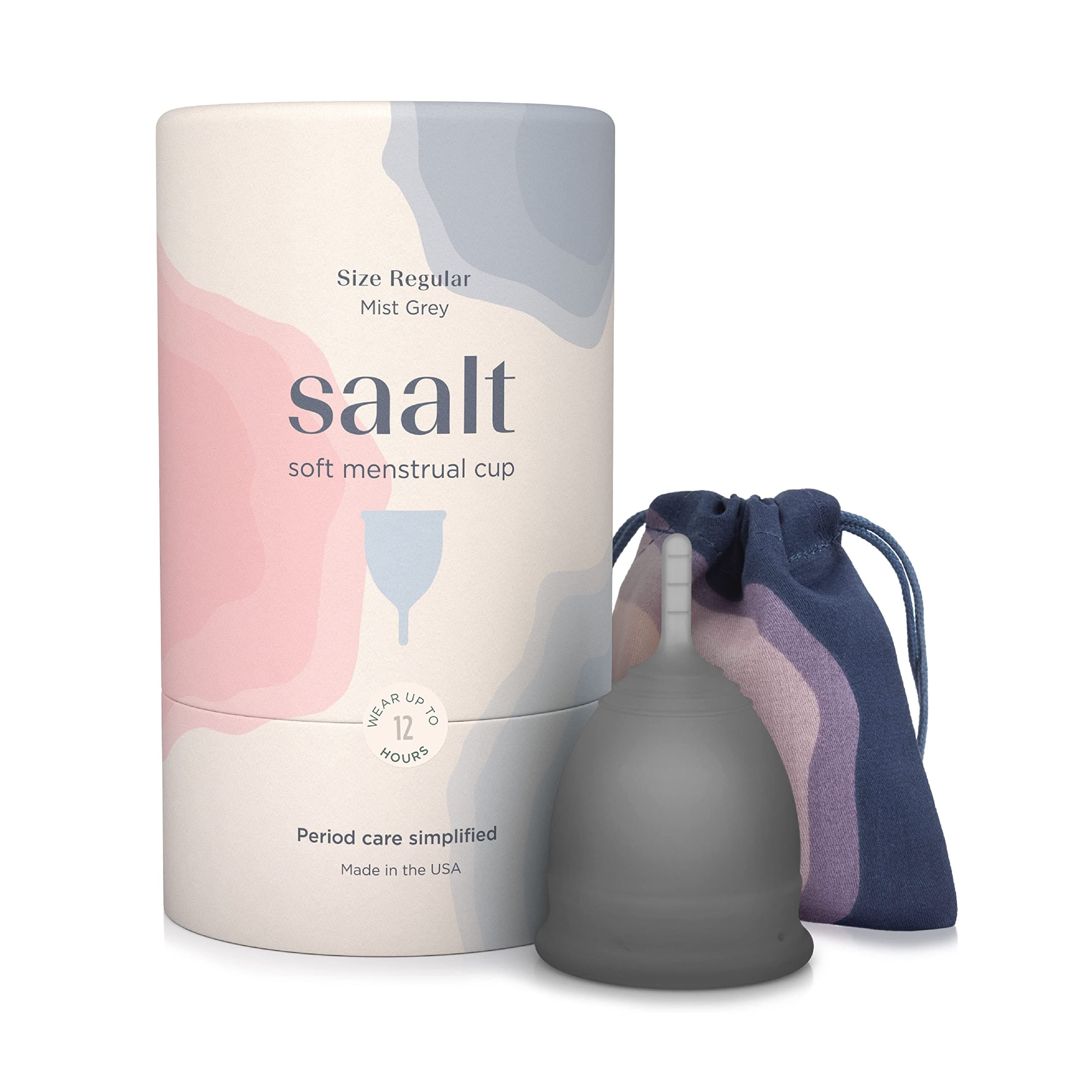 Soft Menstrual Cup – Reusable Period Cup – Made for Comfortable, Leak-Free Protection Up to 12 Hours – BPA & Latex Free – Includes Cup & Carry Bag (Regular, Grey)
