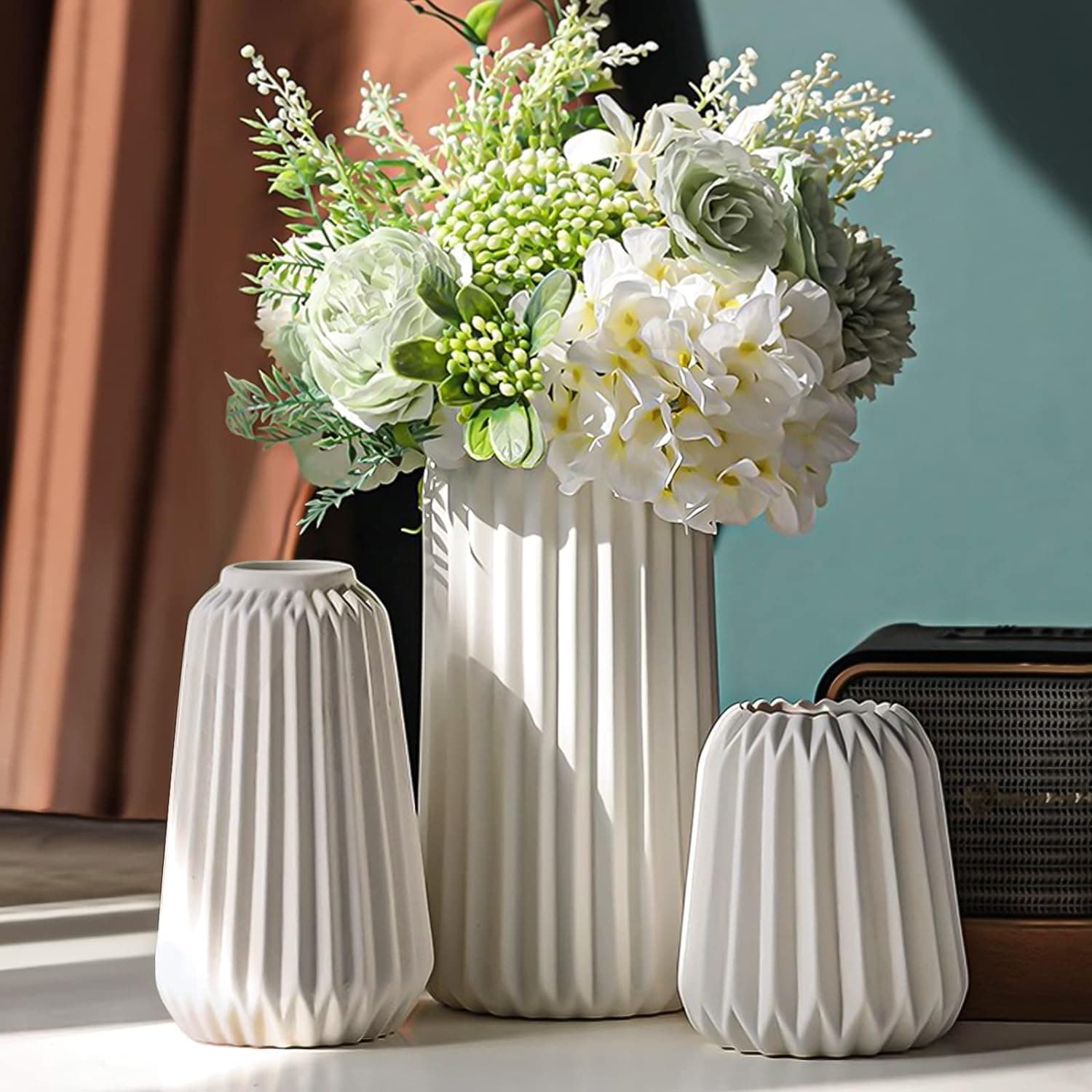 Beauenty White Ceramic Vase -Set of 3 Boho for Modern Home Decor,Nordic Minimalism Decor Office Entryway Living Room Centerpiece Table Decorations Vases (A)