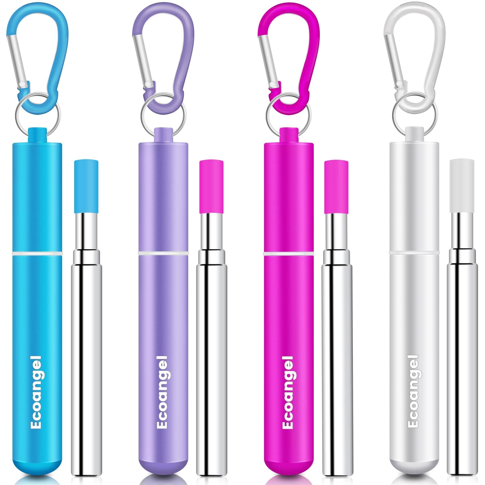 Ecoangel Cruise Ship Essentials,4-Pack reusable Collapsible Stainless Steel Drinking Straws with Aluminum Case,Cleaning Brush,and Keychains (Silver&rose gold&blue&purple)
