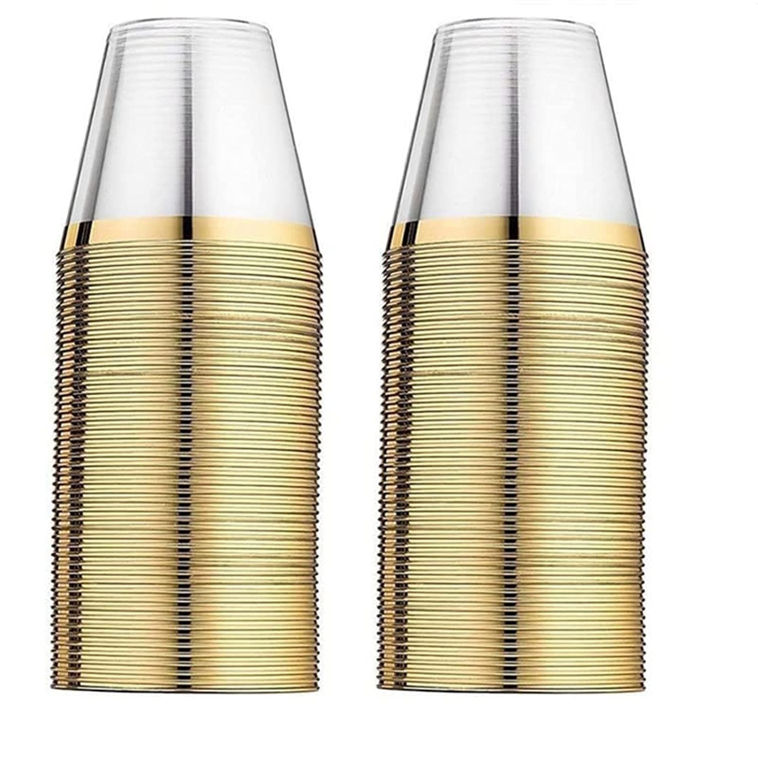 Beauenty 100 Gold Plastic Cups 9 Oz Clear Plastic Cups,Disposable Wedding Cups Elegant Party Cups With Gold Rim,Gold Rimmed Fancy Party Cups,Reusable Plastic Cups