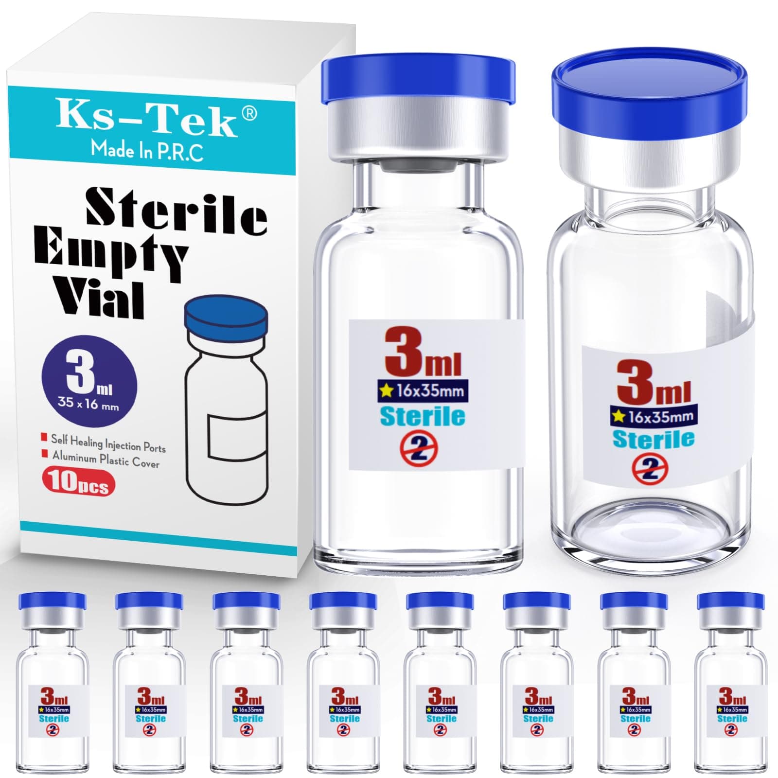 Ks-Tek Sterile Empty Vials with Self Healing Injection Port,with Flip Off Aluminum Cap,Sterile Package (3ml,10)