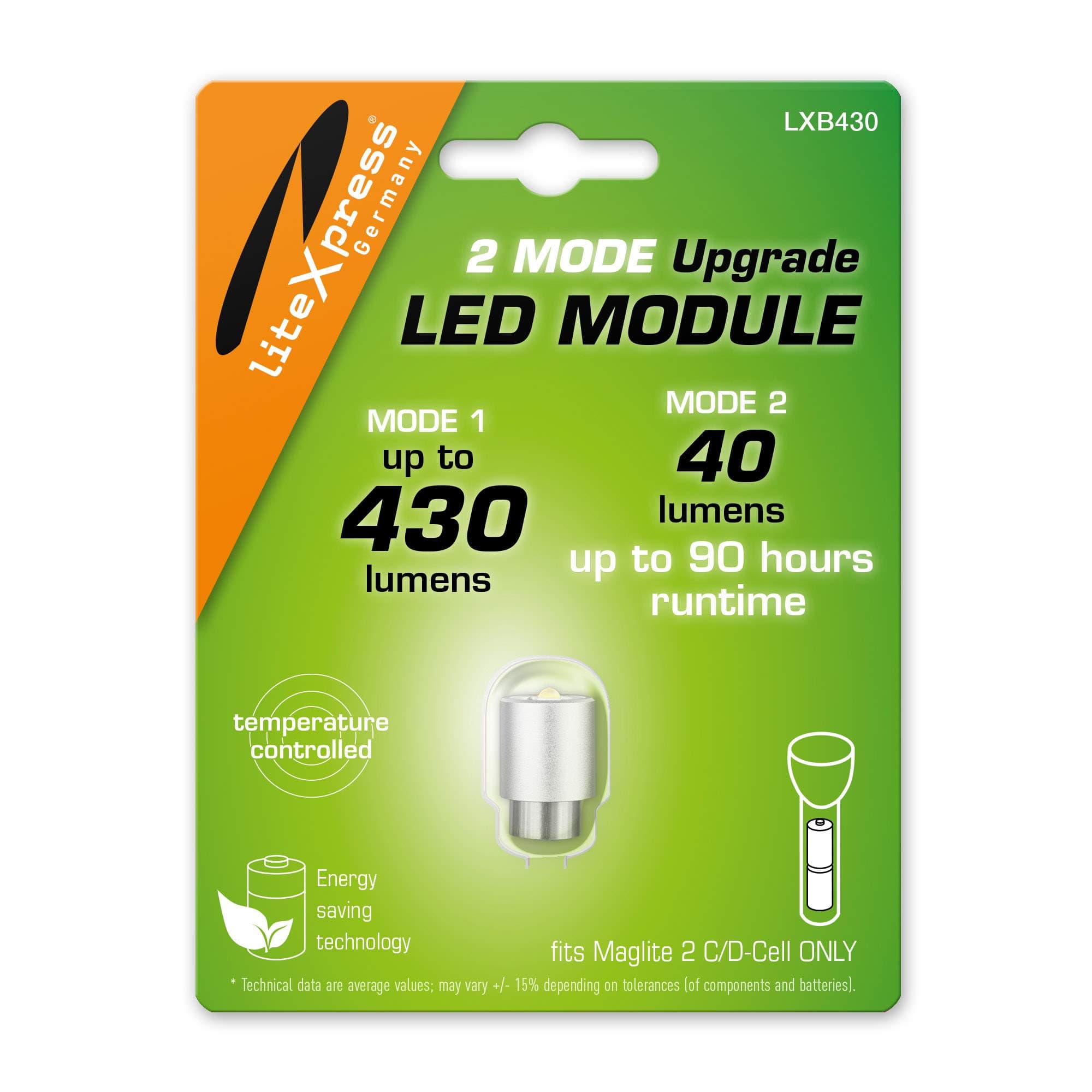LiteXpress LXB430 2 Mode LED Upgrade Module 430 or 40 Lumen Only for 2 C/D Cell Maglite Torches