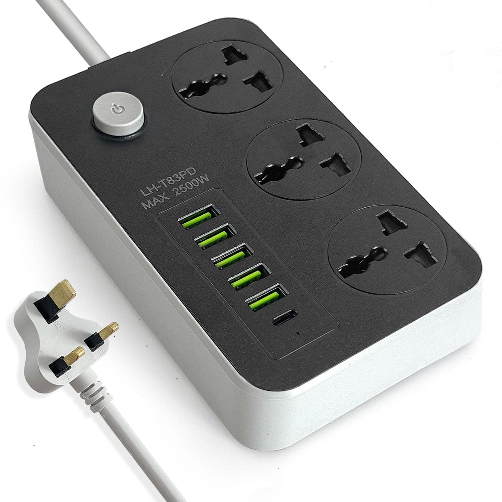 Power Strips Extension Cord 3 Outlets, Power Socket with 5 USB & 1 Type-C Ports Universal Charging Socket with 2M Bold Extension Cord