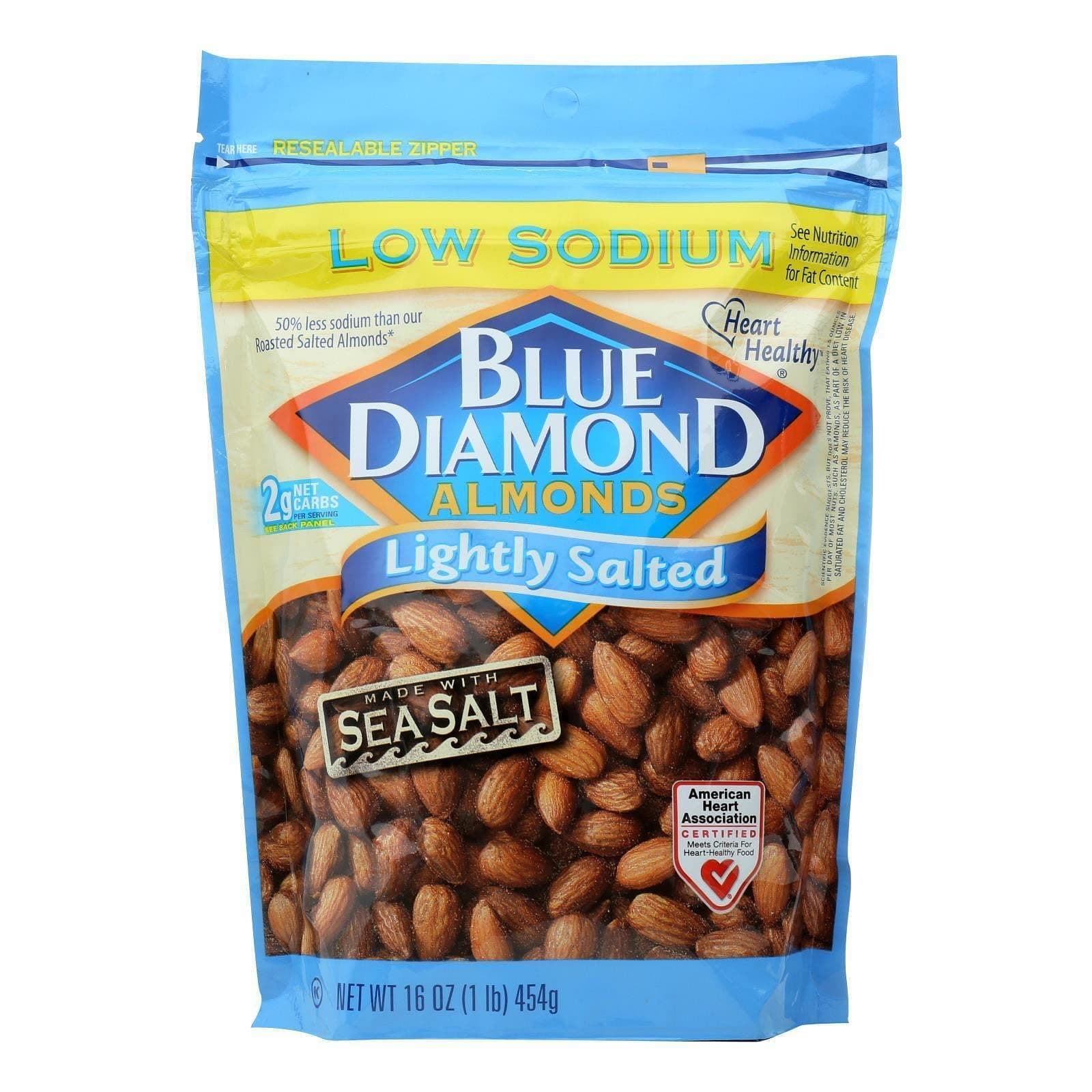 Blue Diamond Almonds Low Sodium Lightly Salted Snack Nuts, 16 Oz Resealable Bag (Pack of 1)