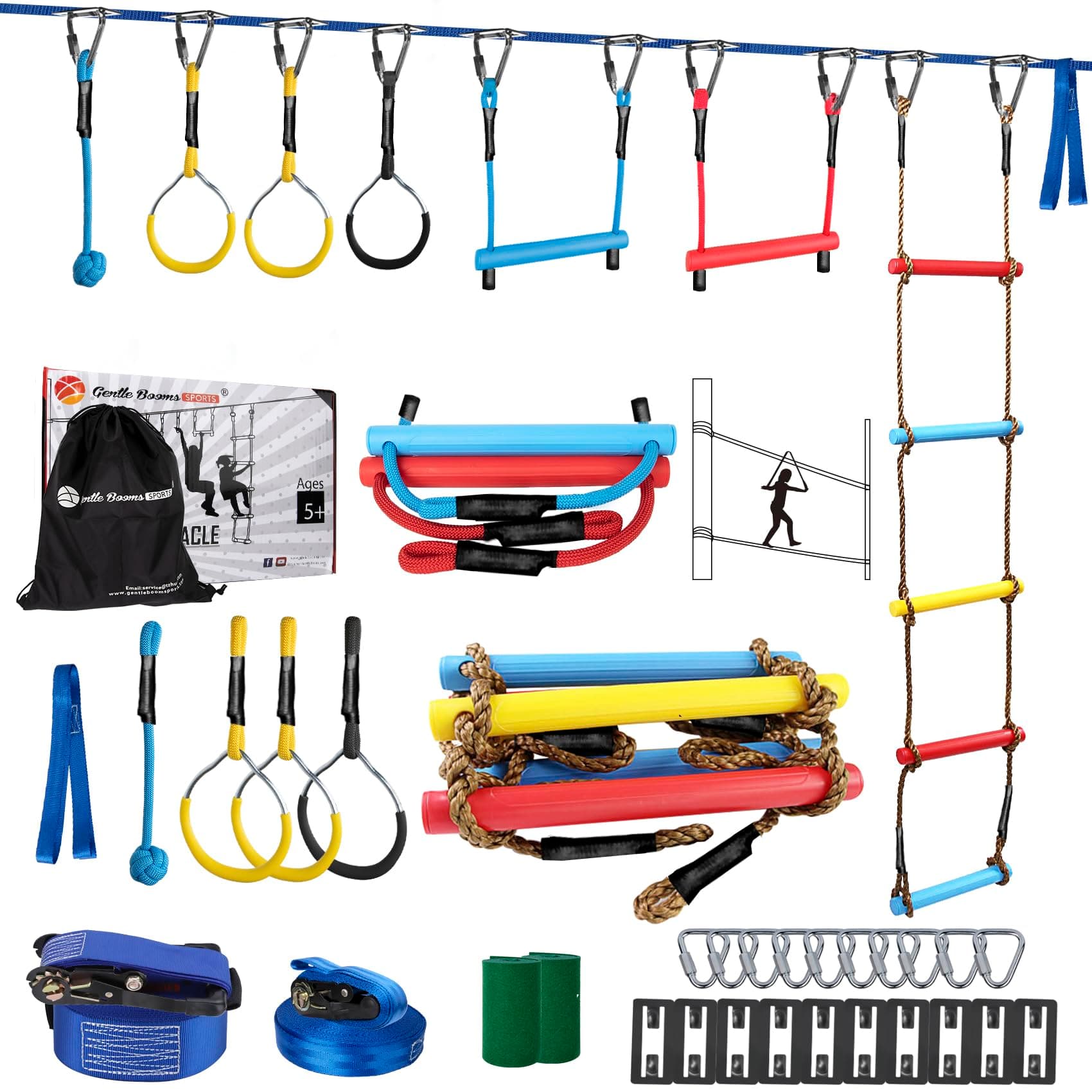 Ninja Warrior Obstacle Course for Kids - 2*56FT Slackline Kit with 8 Obstacles | Upgraded Quick-Install Buckles (No Threading Needed), 900lbs Max Load Backyard Training Gear