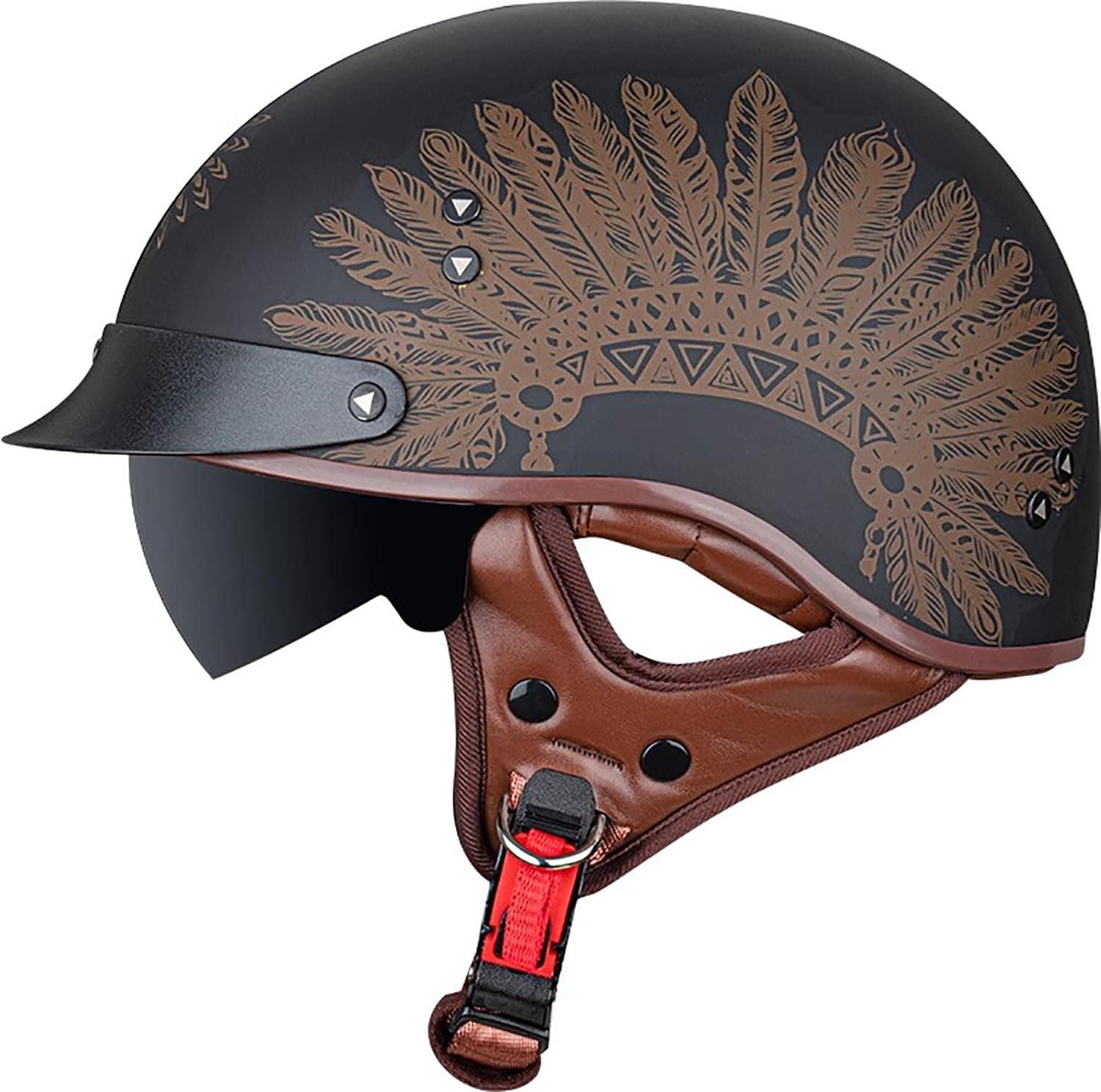 Vintage German Style Half Face Skull Cap Helmets Half Face Motorcycle Helmet Open-Face Motorbike Helmets with Drop-Down Sun Visor for Adult, Men and Women DOT/ECE Certified
