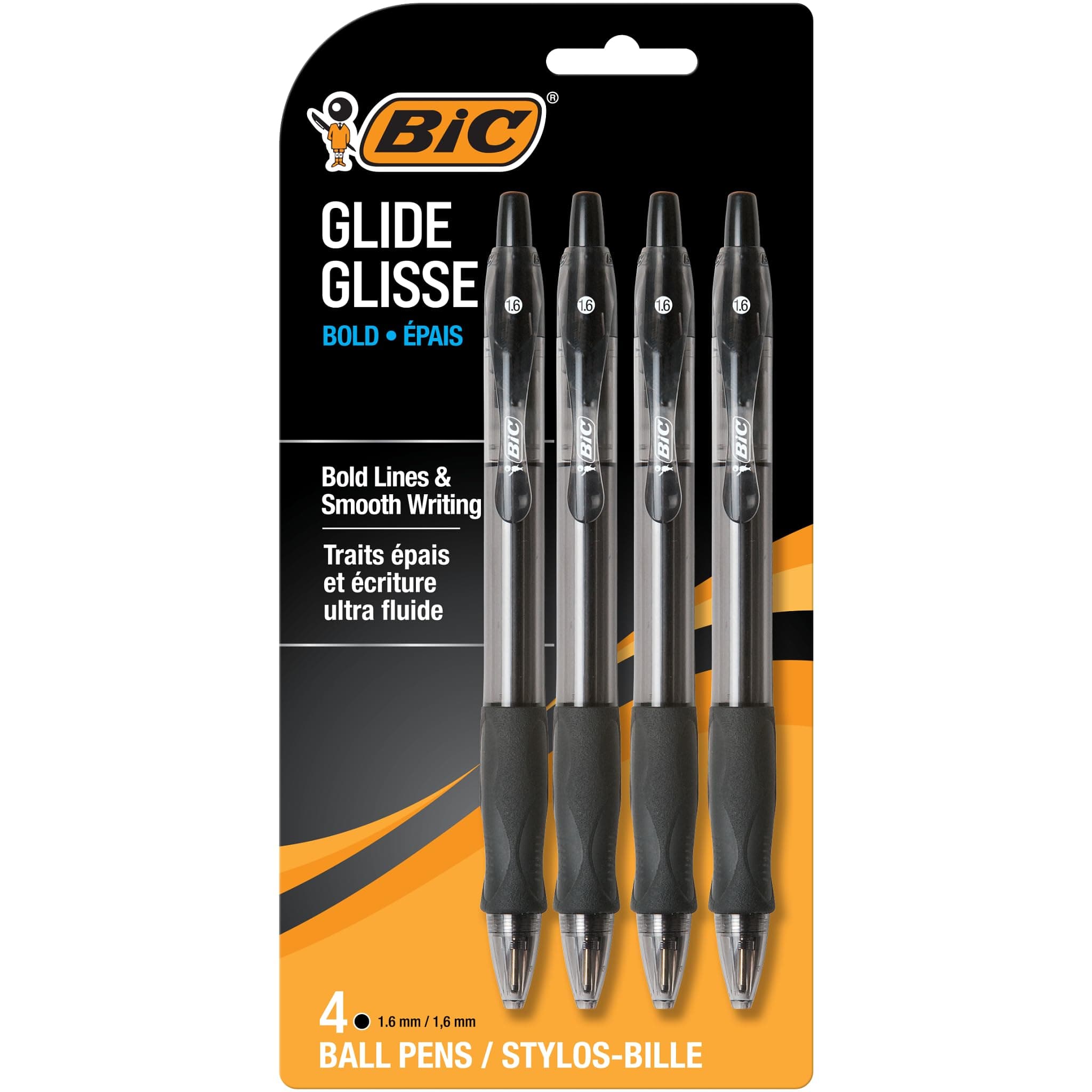 Glide Bold Black Ballpoint Pens, Bold Point (1.6mm), 4-Count Pack, Retractable Ballpoint Pens With Comfortable Full Grip