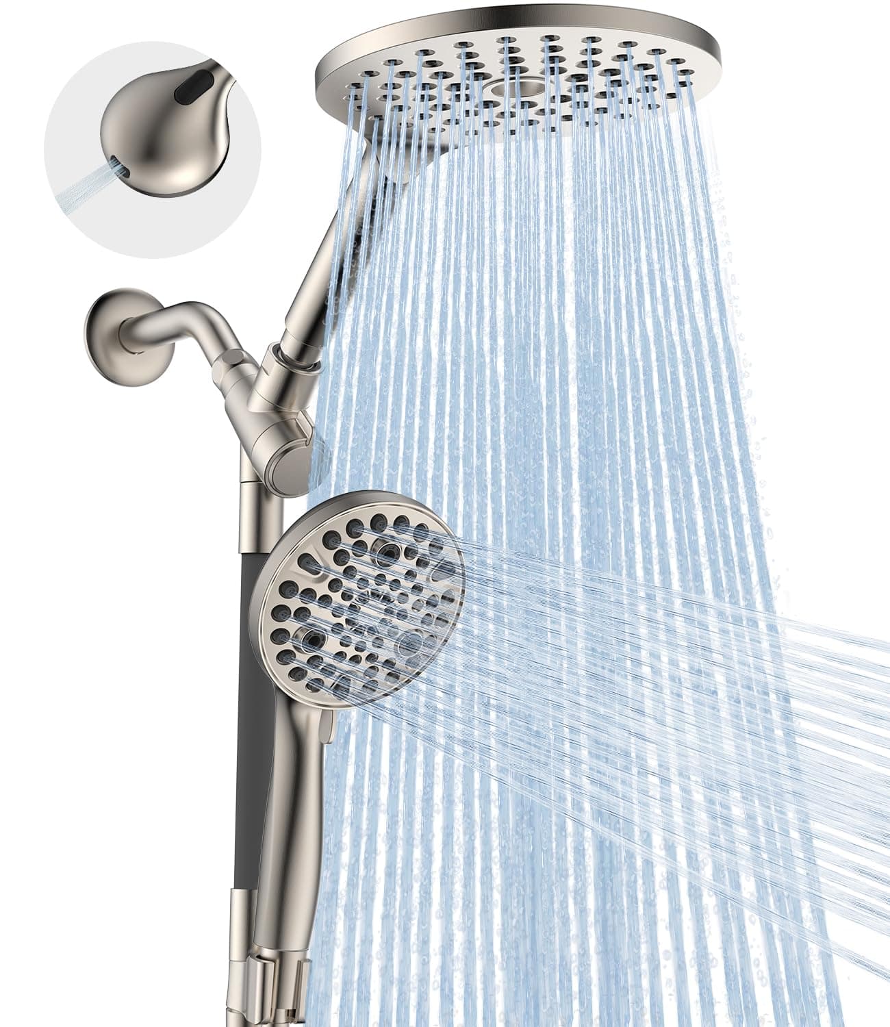 Dual Handheld Shower Head Combo, 2-in-1 Rain Shower Heads System 8 Inch Rainfall Shower Head and 10 Modes High Pressure Hand Held Showerhead with Built-in Power Wash