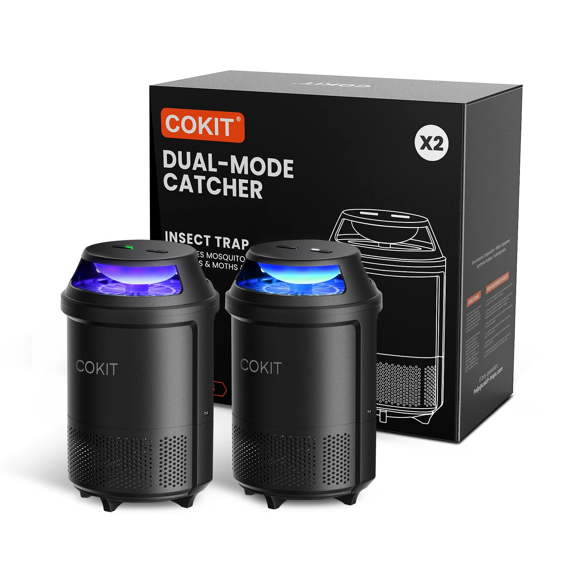 Indoor Insect Trap, Dual-Mode Fruit Fly Trap with Suction, Bug Light, and 6 Glue Boards, Non-Zapper Mosquito, Gnat, Moth, and Fruit Fly Catcher (2 Pack)