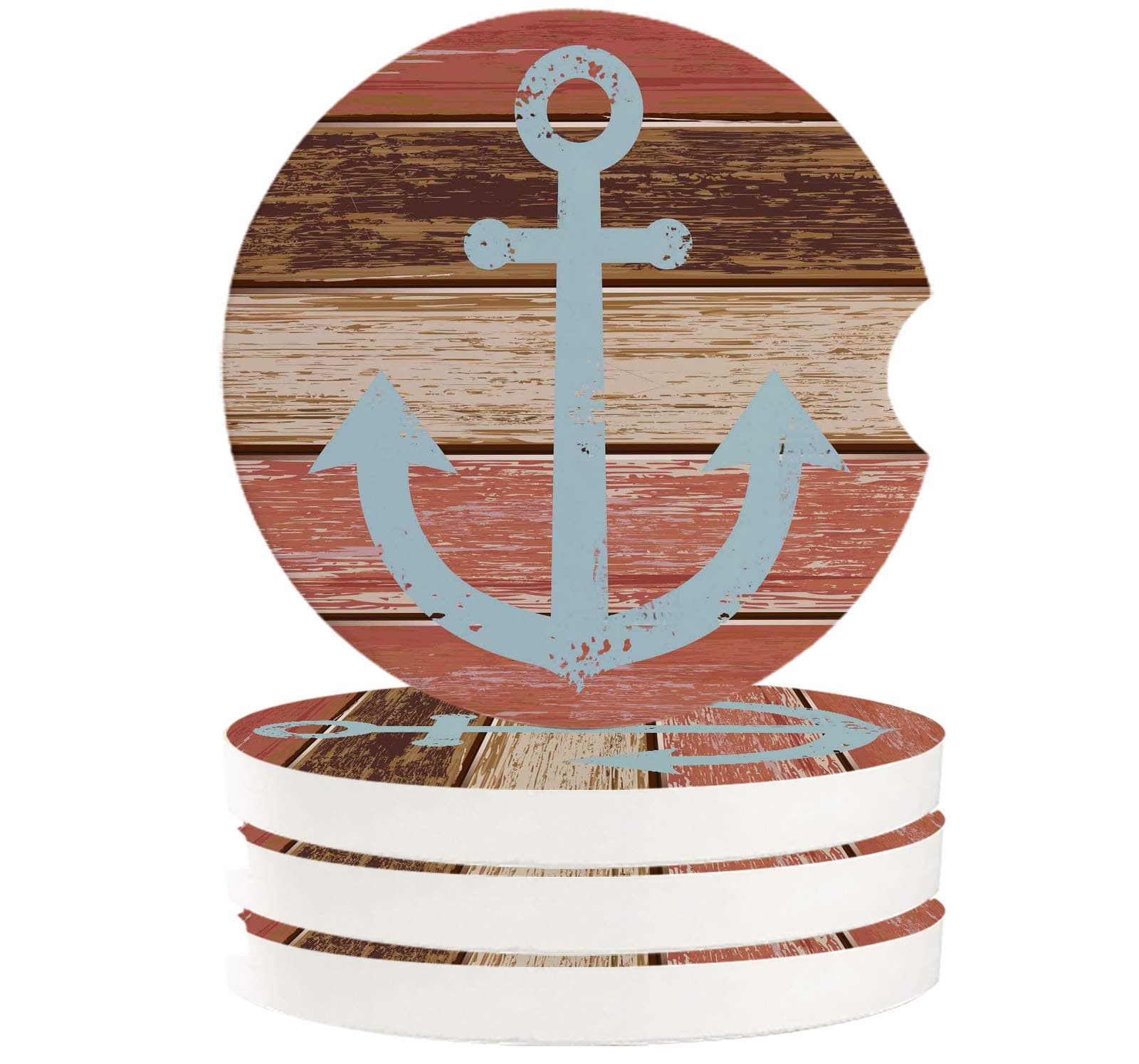 Car Coasters Absorbent Ceramic for Cup Holder Anchor on Red Weathered Wooden Planks Rustic Nautical Theme Anti Slip Cup Mat Set for All Cars Cup Holder Coasters for Cold Drink Set of 4