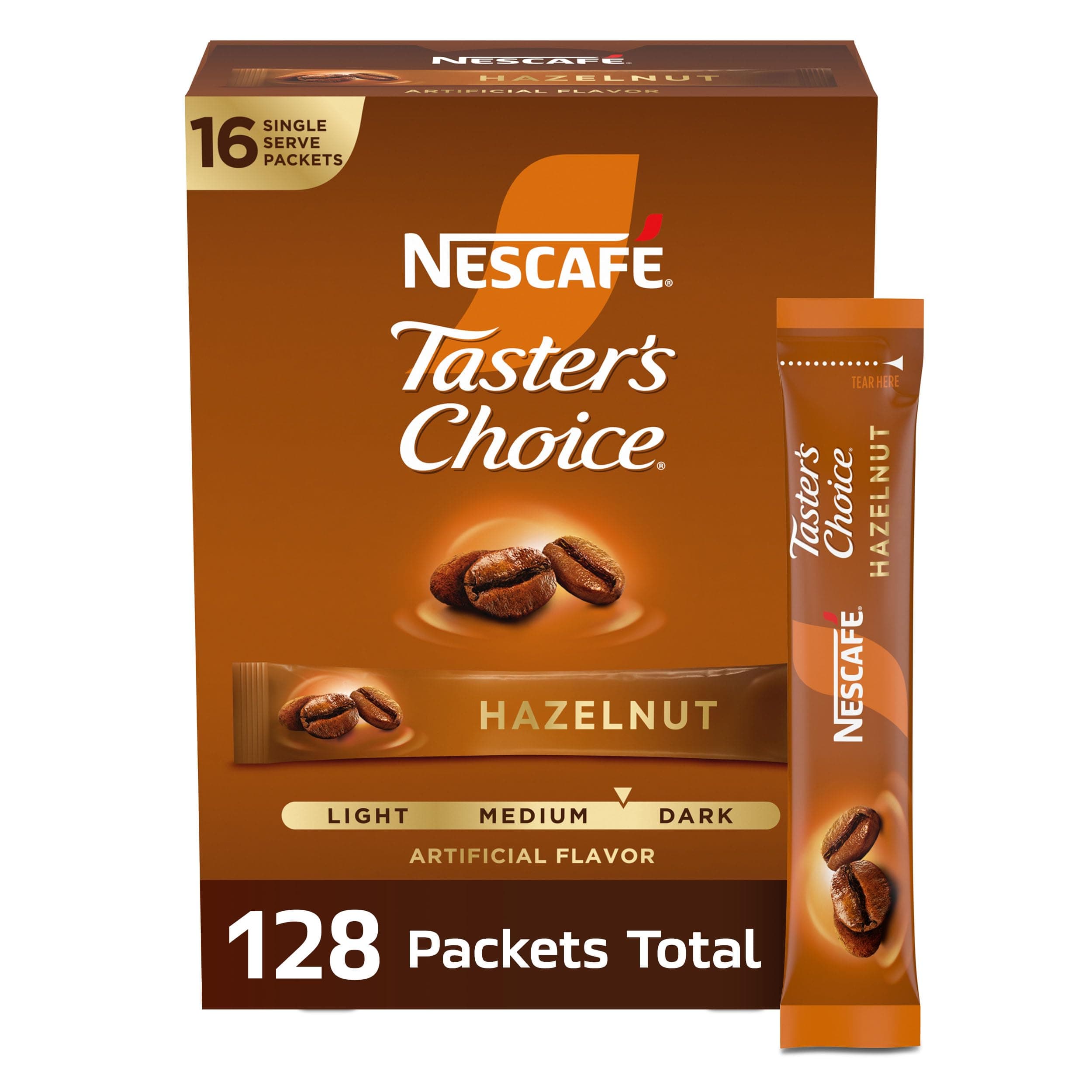 NESCAFÉ Taster's Choice, Instant Coffee Packets, Hazelnut Flavored Coffee, 8 Boxes (128 Packets)