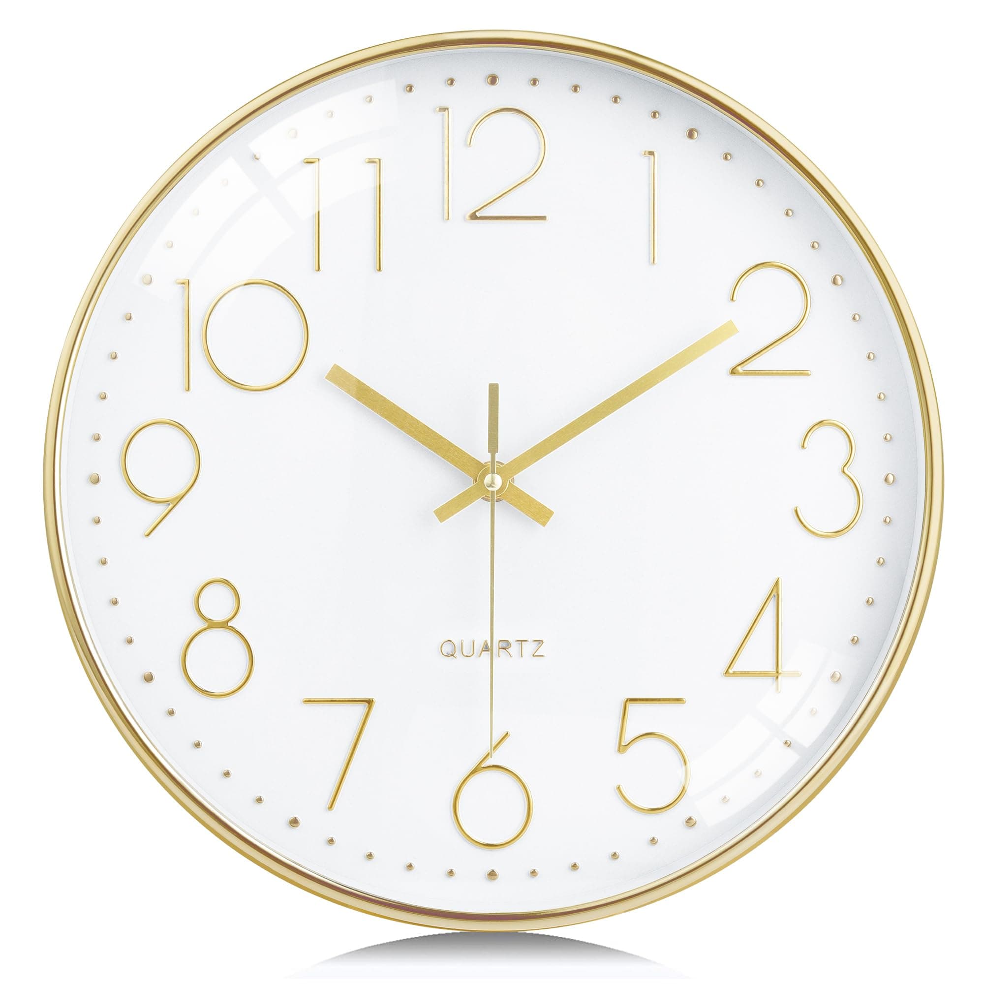 Lafocuse Modern Silent Gold Wall Clock, 3D Numbers Easy to Read, Classic Quartz Clock without Ticking for Kitchen Bedroom Living Room Office 30cm