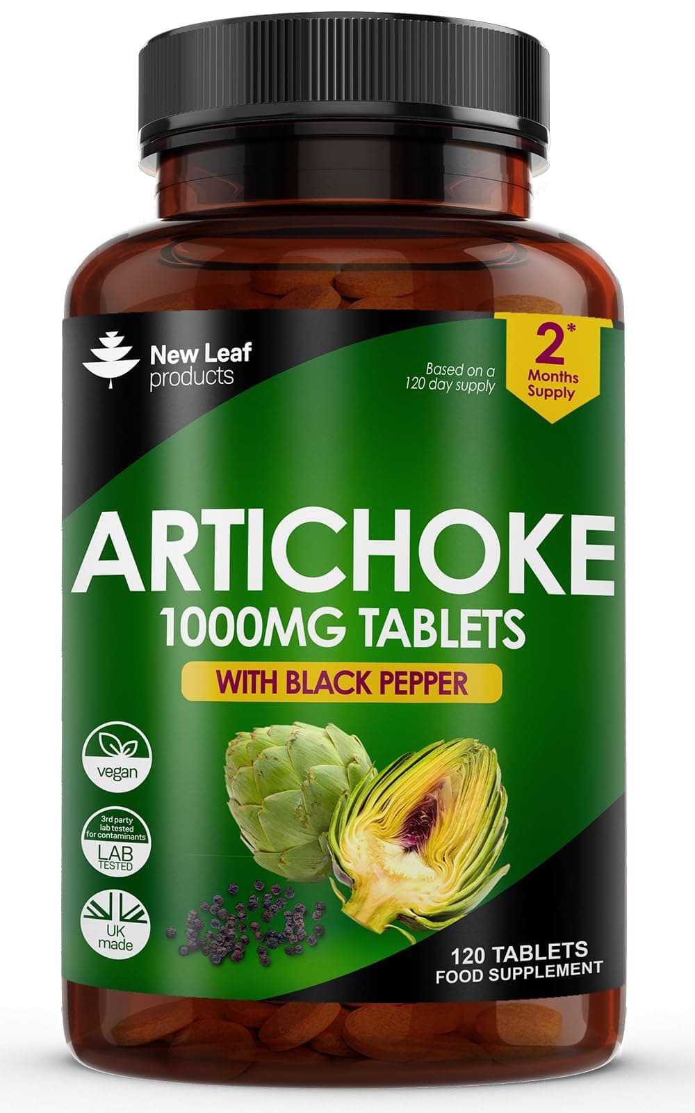 Artichoke Extract Tablets - 120 High Strength Artichoke Extract Tablets Enriched with Black Pepper - Artichoke Supplements No Inulin or Leaf Fibre - 5% Cynarin - 1000mg Artichoke Extract Made in UK