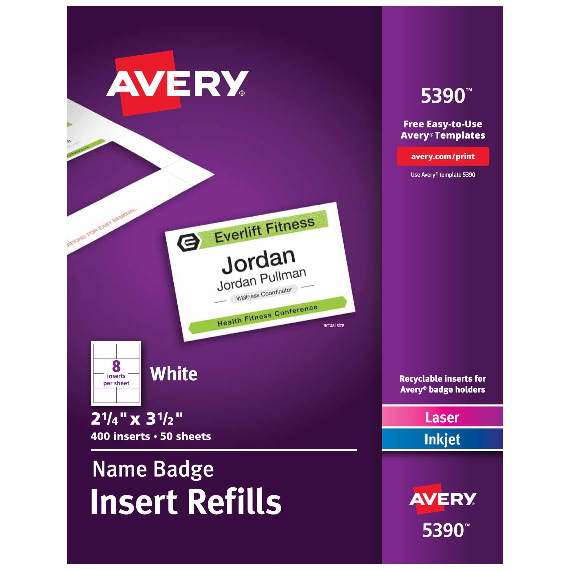 Name Badge Inserts, Print or Write, 2.25 Inch x 3.5 Inch, 400 Card Stock Refills (5390), White