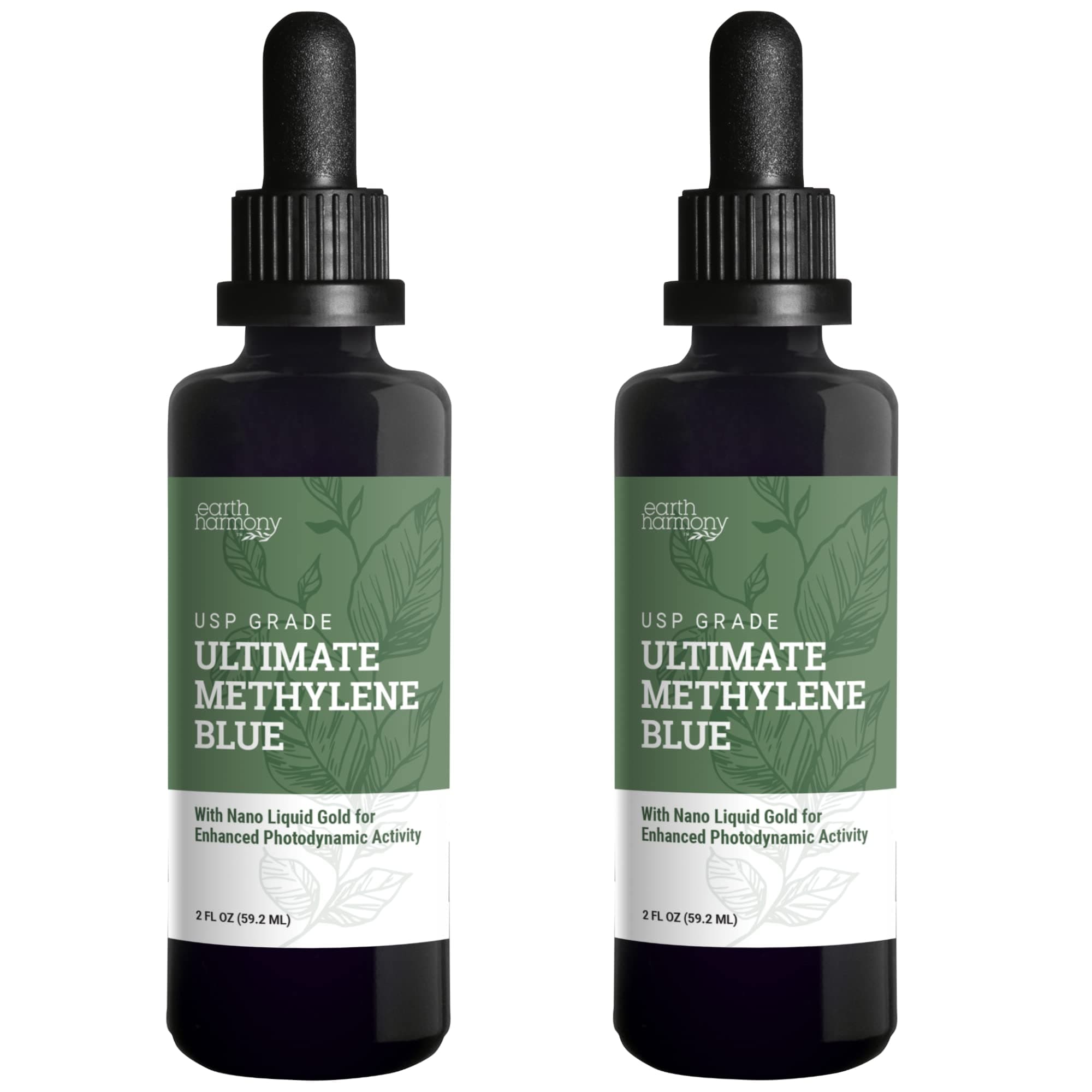 Earth Harmony Methylene Blue Pharmaceutical Grade 99.99% with Dropper - Liquid Gold Methylene Blue USP Grade, No Formaldehyde - 2 Fl Oz, 2-Pack