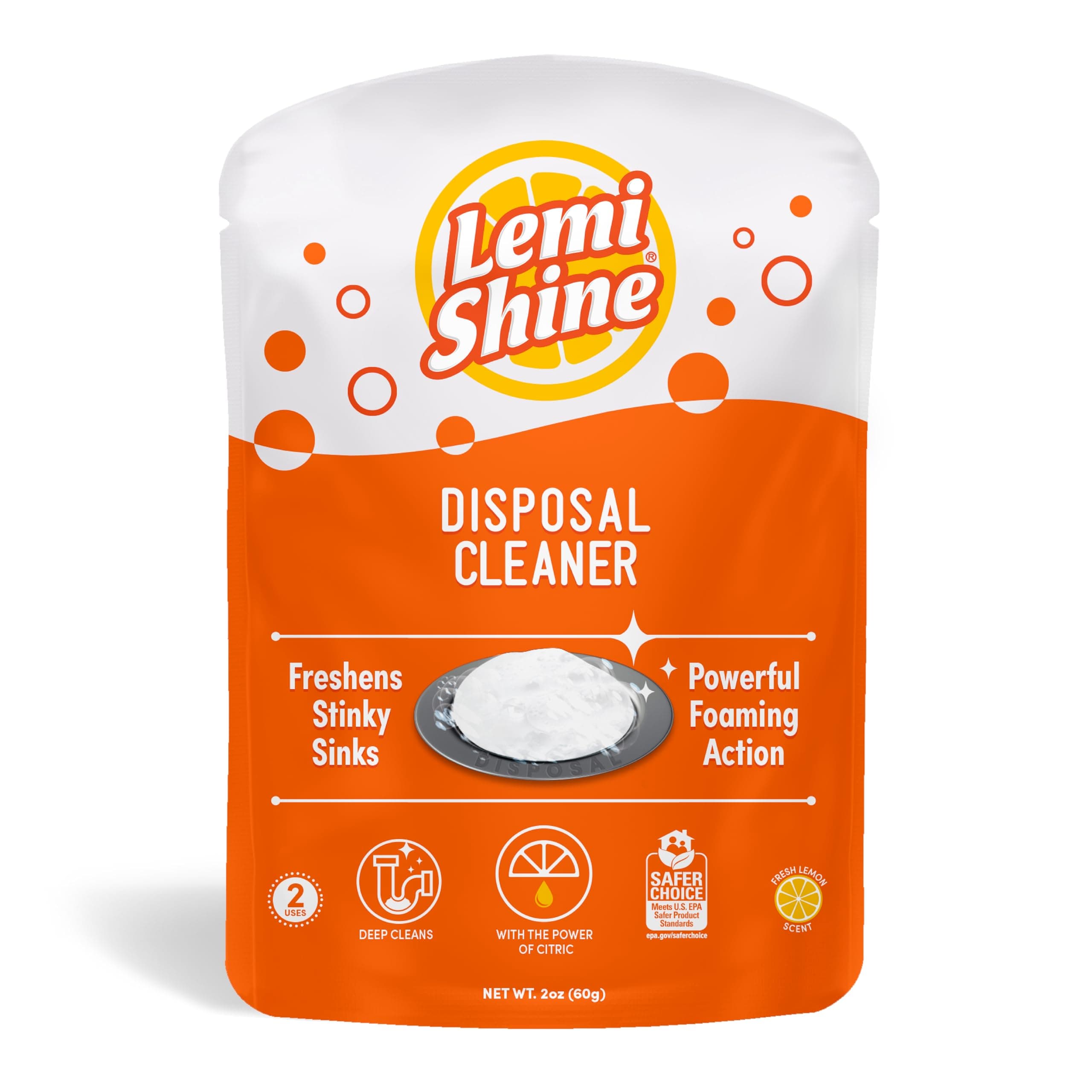 Lemi Shine Garbage Disposal Cleaner 2 oz, 2-Pod Pk. Unclog Sinks & Drain Pipes 100% Natural Citric Extracts, Deodorizes Sanitizes