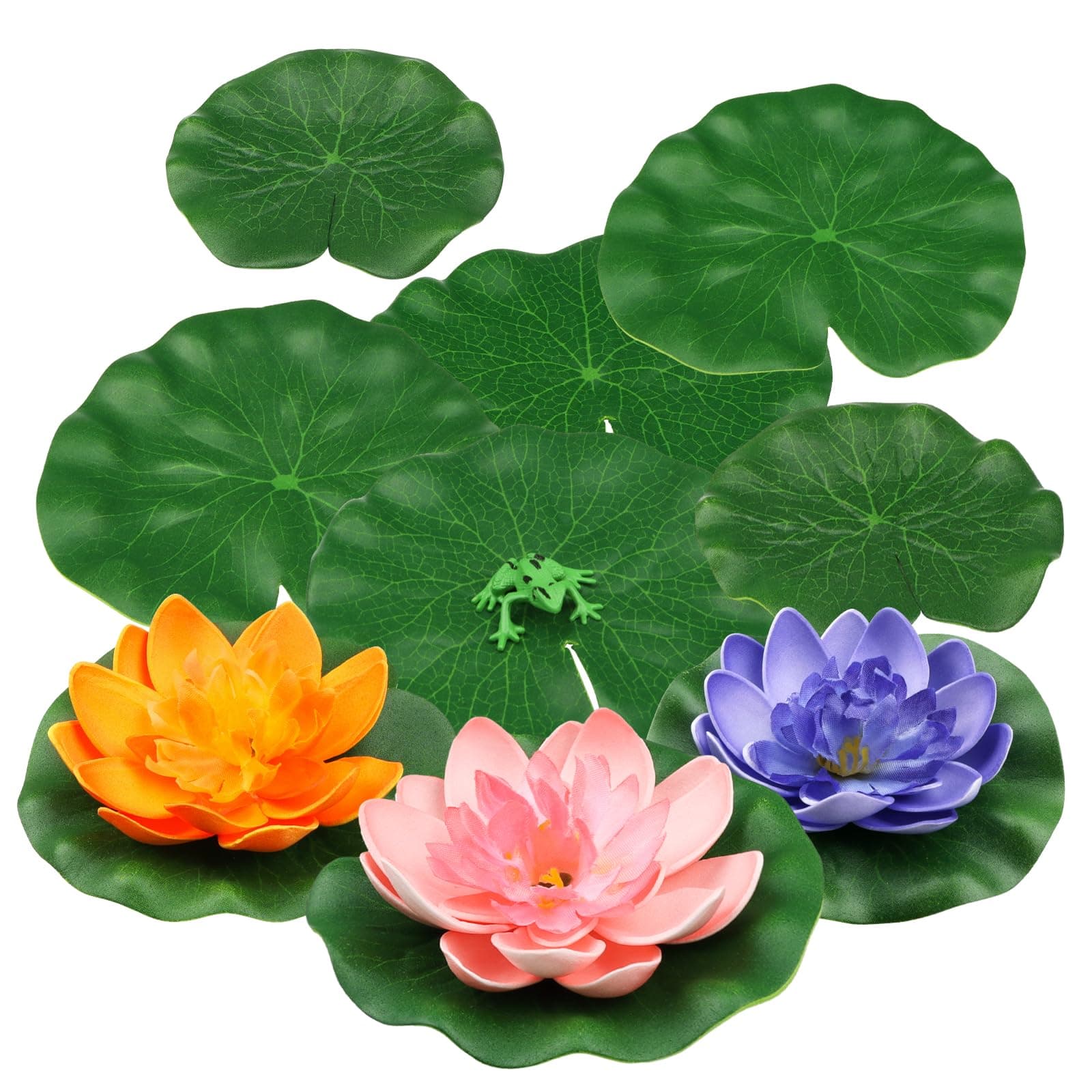 10 Pack Artificial Floating Foam Lotus Flowers with Artificial Frog Lotus Leaves, Lily Pads for lake, Pond Plants Ornaments for Pool Water Decoration, Colorful