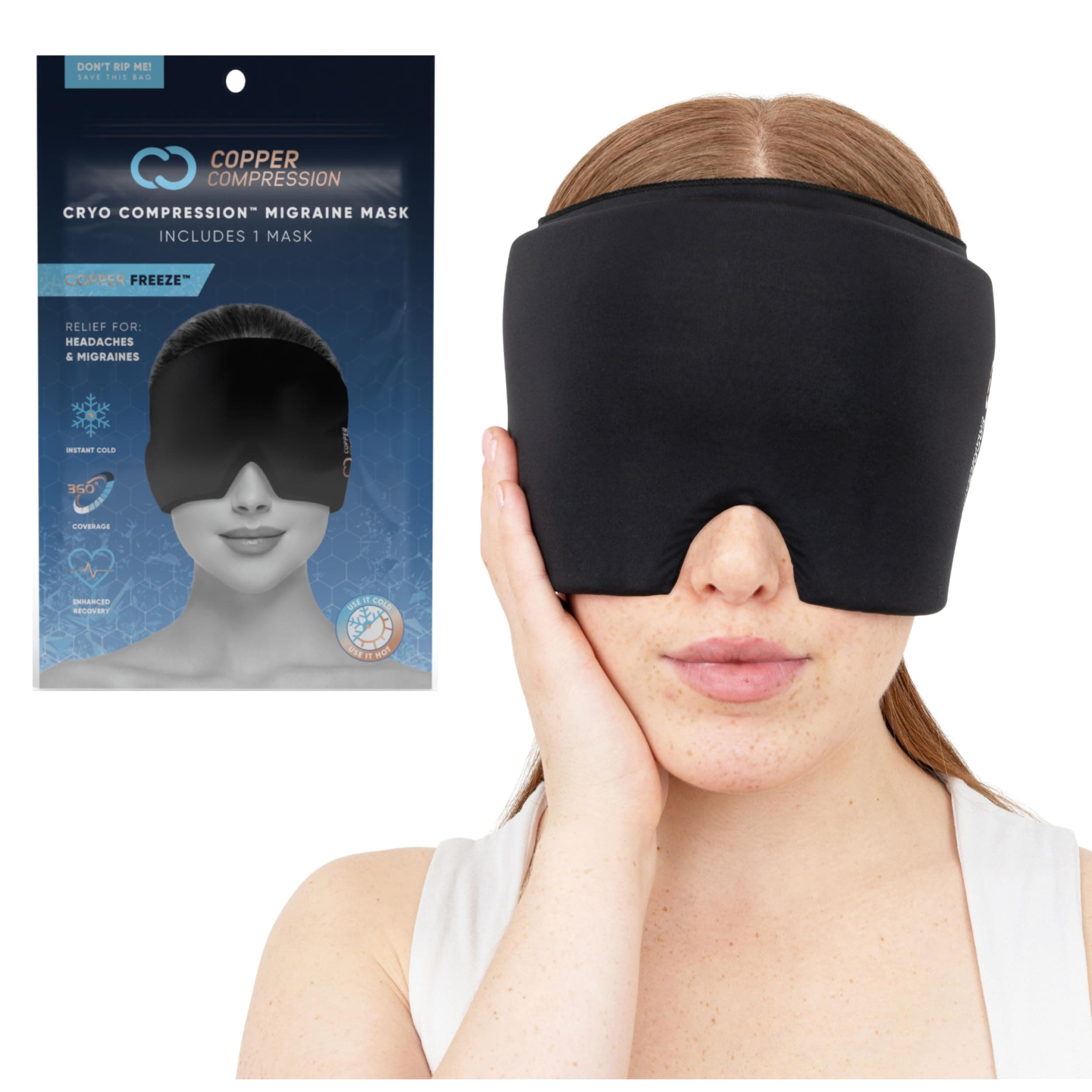 CopperFreeze™ Migraine Relief Mask Cap w/Cryo Gel by Copper Compression - Reusable 360° Ice Pack Band for Headaches - Eases Nausea, Sinus Pressure, Tension - Gift for Women, Men, Moms - One Size