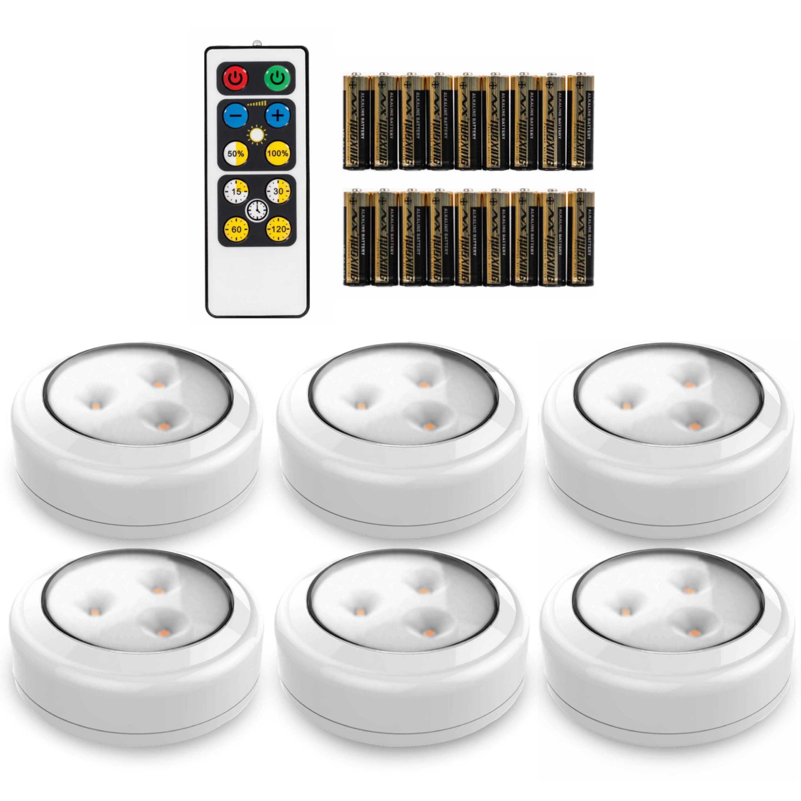 Wireless Battery Powered Stick On LED Puck Closet Light 6 Pack with Remote Control (White, Lustre)