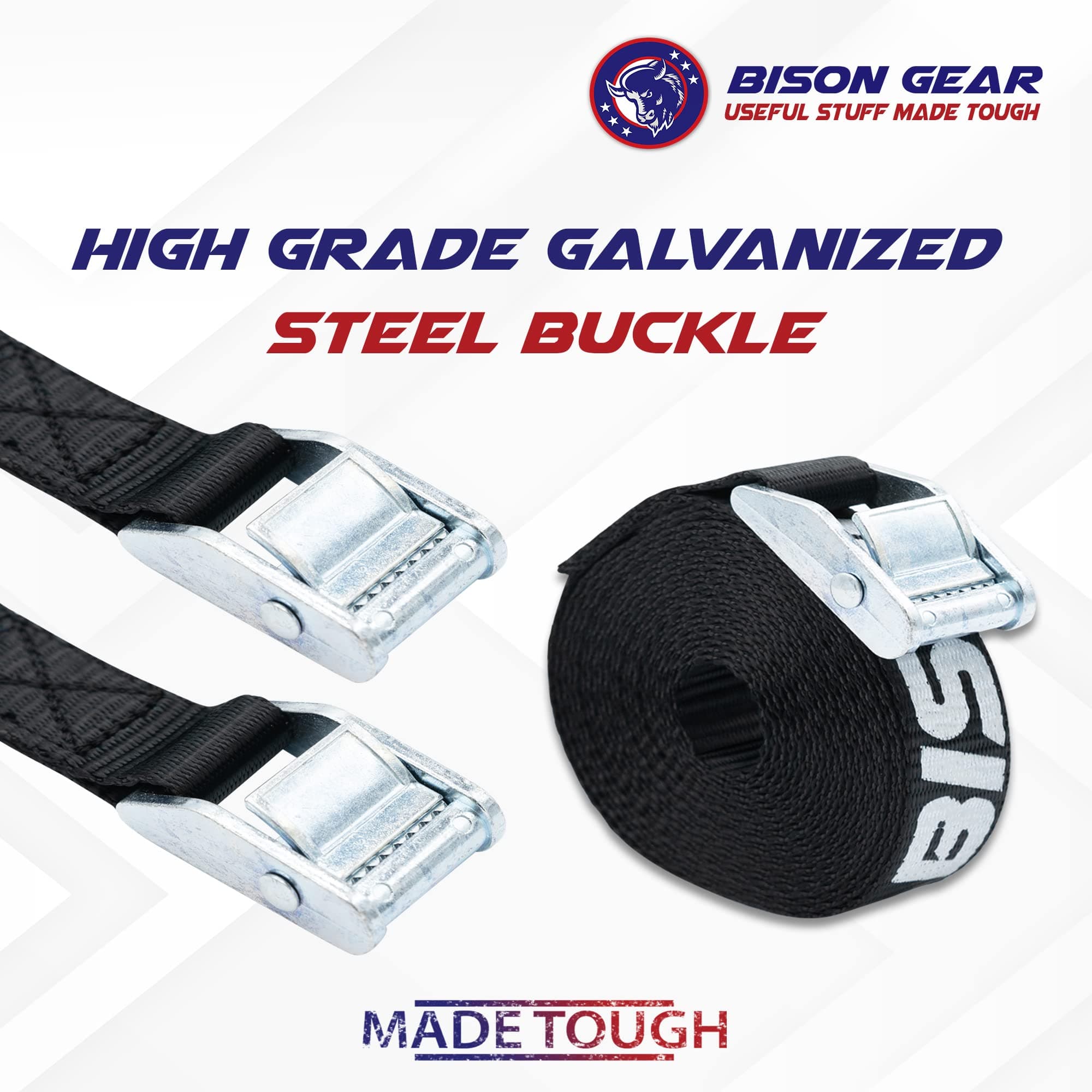 Bison Gear Premium Tie Down Straps - UV Resistant Cargo Car Roof Rack Straps for Surfboard Kayak, 16ft 5m x 1in 25mm, 1100lbs 500kg Break Strength, Cam Straps with Buckle (4 Pack, Black)