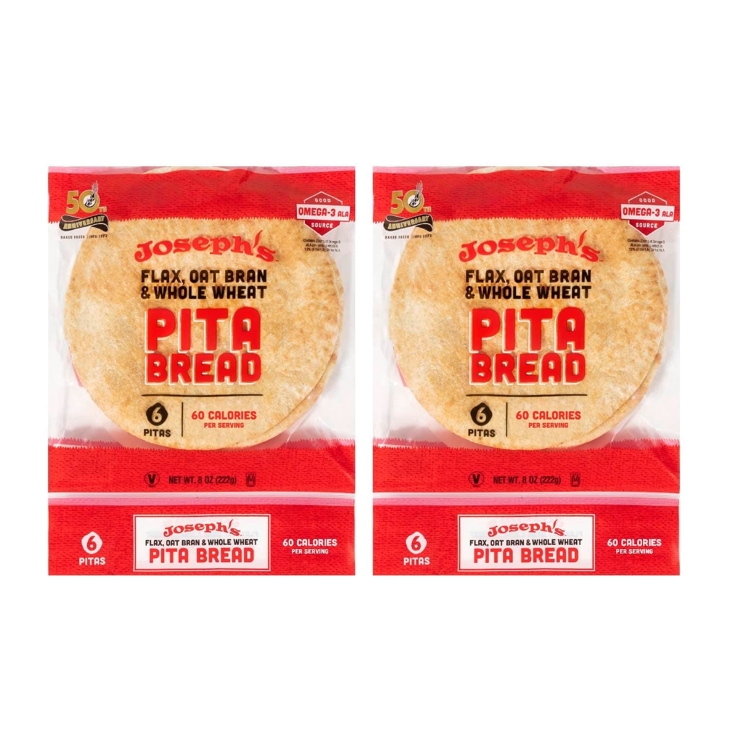 Joseph's Pita Bread Value 2-Pack, Flax Oat Bran and Whole Wheat, 7g Net Carbs per Serving, Fresh Baked (6 per Pack, 18 Pitas Total)