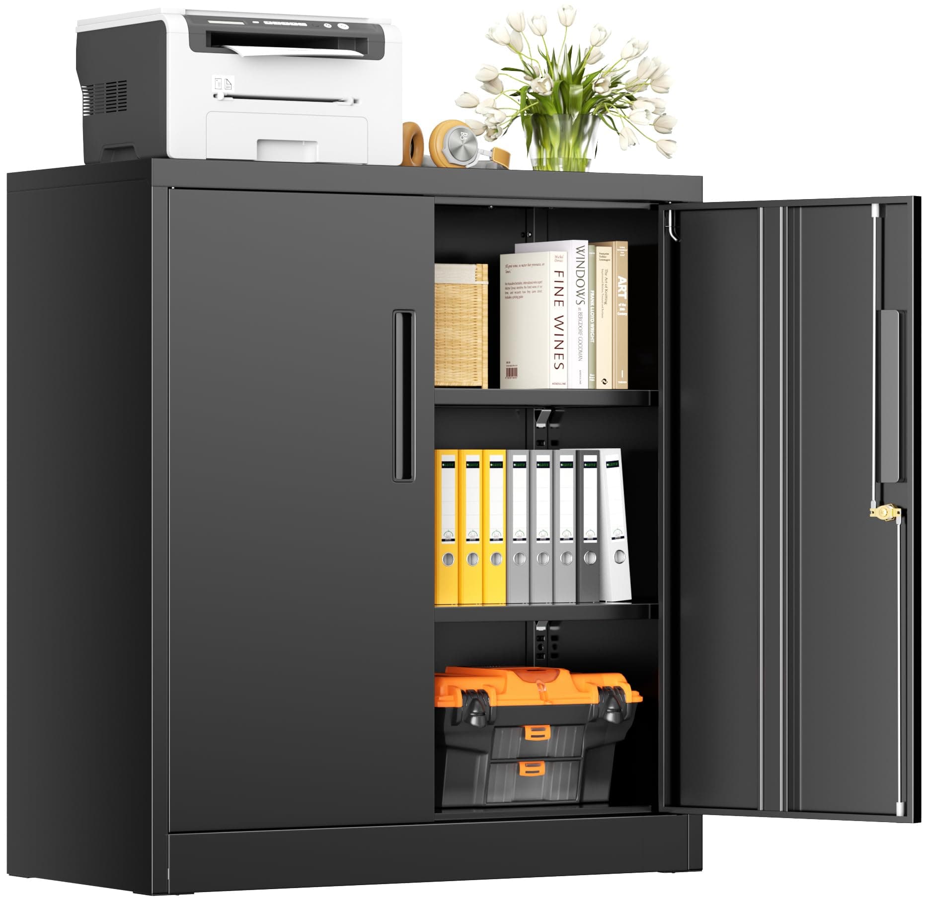 INTERGREAT Metal Storage Cabinet with Locking Doors, Lockable Steel Storage Cabinets with 2 Doors and Shelves, Black Metal Cabinets with Lock, Small Steel Cabinet for Office, Garage, Home, Shop