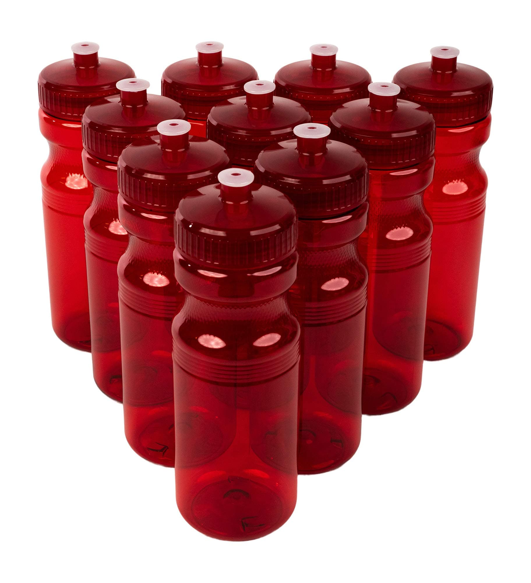 CSBD 24 oz. Bulk Water Bottles, 10 Pack, Made in USA, Blank Plastic Reusable Water Bottles for Gym, Cycling, BPA Free, Plastic Water Bottles Pull Top Cap for Sports, Translucent Red