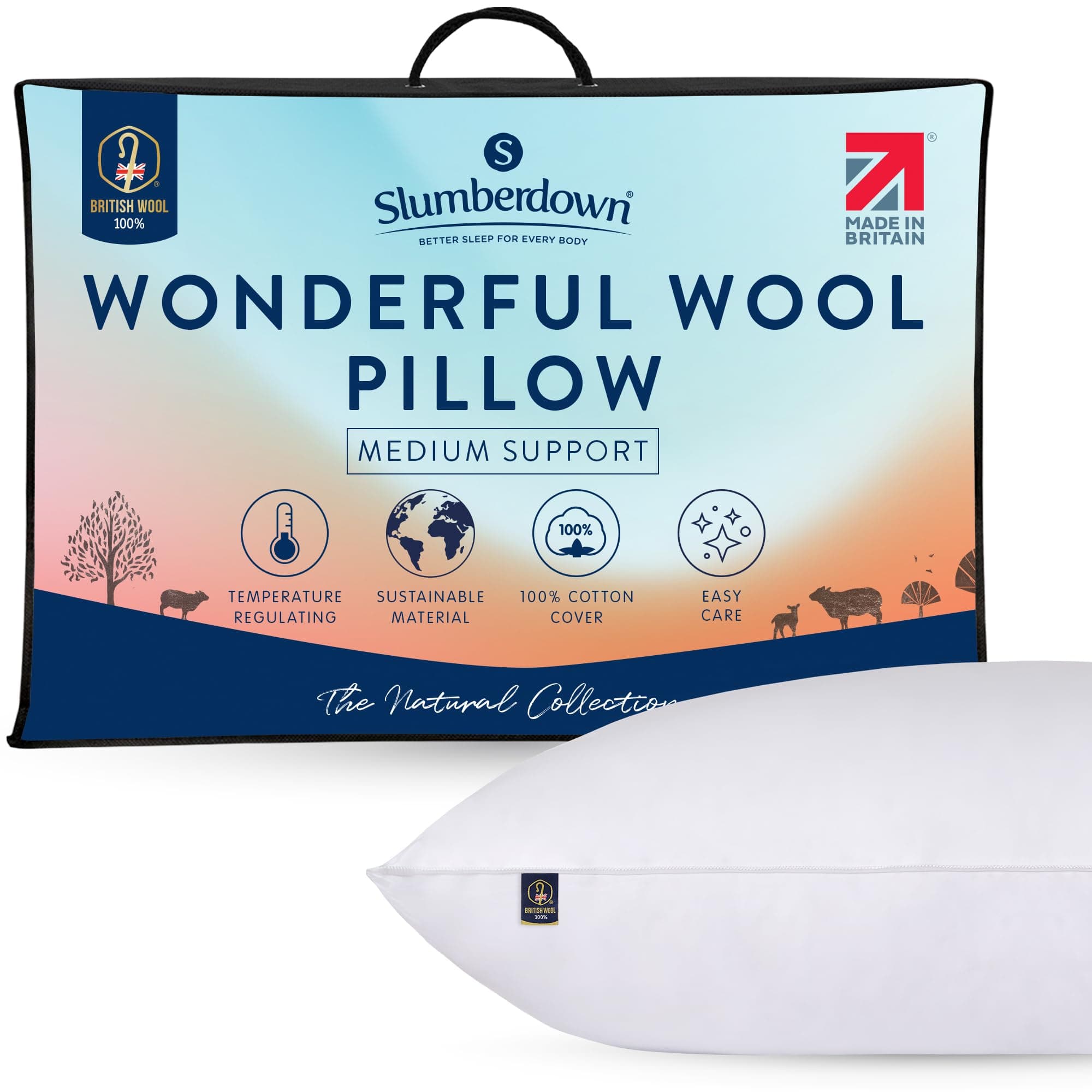 Slumberdown 100% British Wool Pillow 1 Pack - Naturally Cooling & Moisture-Wicking for Hot Sleepers, Luxury Back & Side Sleeper Pillow - Hypoallergenic Cotton Cover, UK-Made (48 x 74cm)
