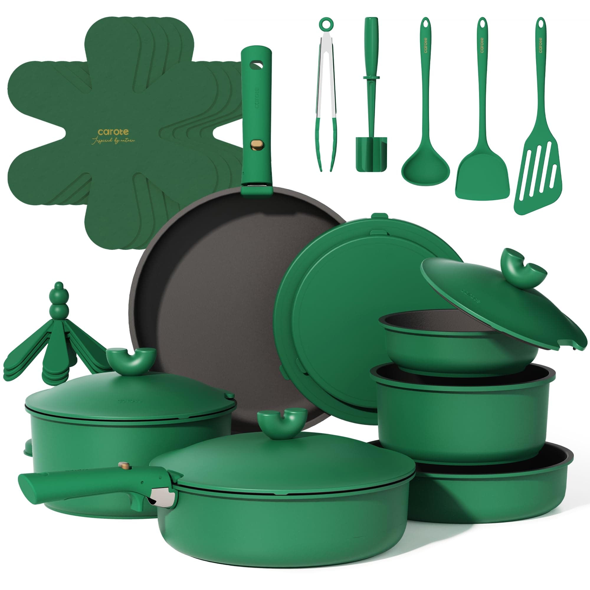 CAROTE 17pcs Pots and Pans Set Non Stick, Gift Set Nonstick Cookware Die-cast Aluminum Detachable Handle, Dishwasher/Oven Safe, Induction Cooking Pot and Pan Sets, Green, RV Kitchen Cookwares
