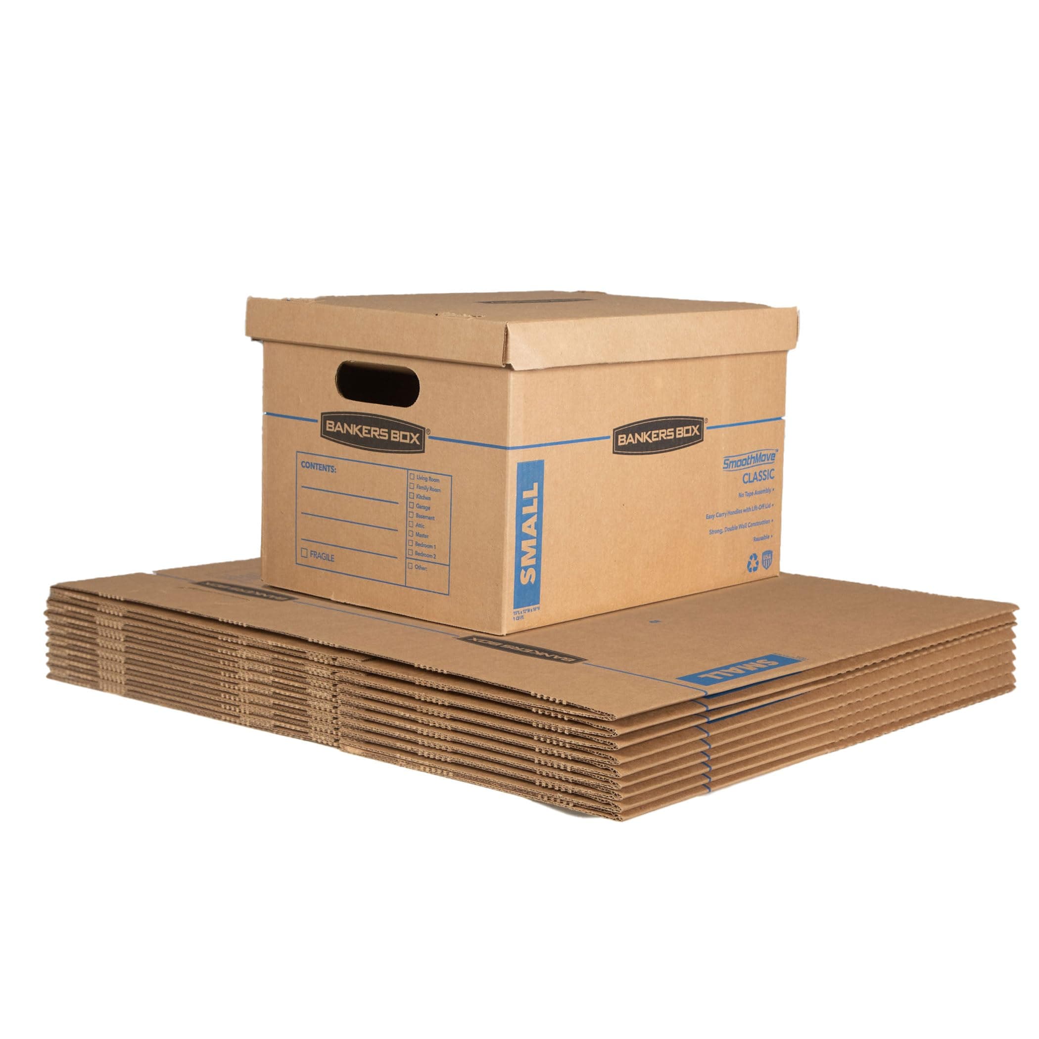 Bankers Box Smoothmove Classic Small Moving Boxes, 10 Pack, Tape-Free Assembly, Easy Carry Handles, 25.4 cm X 30.5 cm X 38.1 cm