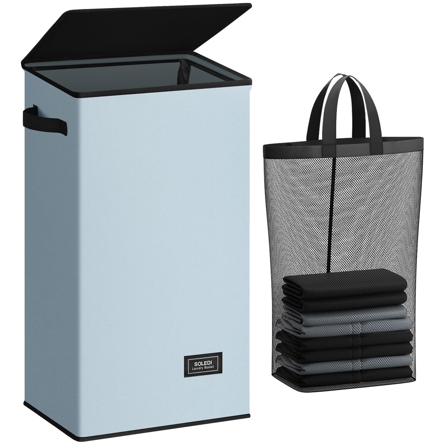 SOLEDI Laundry Hamper with Lid 100L Large & Tall Collapsible Laundry Basket, Clothes Hamper with Bag Removable Easy to Carry, Dirty Hampers for Bedroom, Bathroom, Dorm, College, Blue Grey