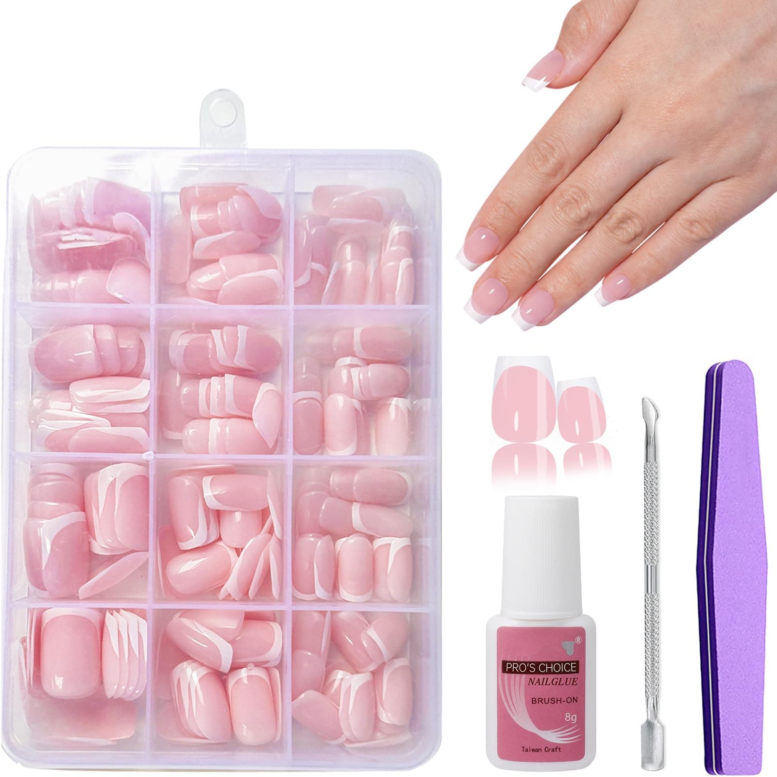 Press on Nails - 240 Pcs French False Nails Short - False Nails Kit with Glue - Fake Nails Nude Color French False Nail Kit - Full Cover Stick on Nail Art Manicure Decorations