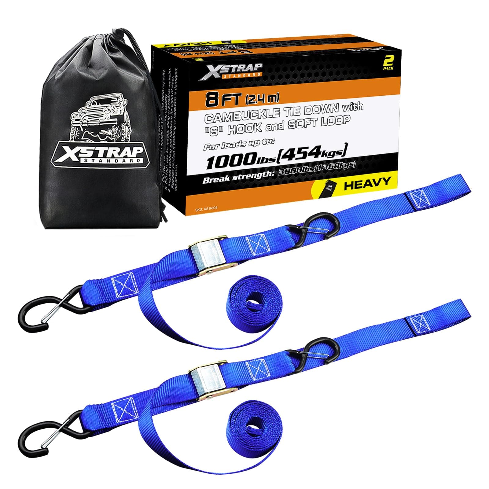 XSTRAP STANDARD Motorcycle Tie Down Straps- (2 Pack) 3,000lb Break Strength, 1.5 IN X 8FT Heavy-Duty Cambuckle Tie Down Set with S Hook and Soft Loops, Handlebar Strap for Dirt Bike, Kayak, Boat, Blue