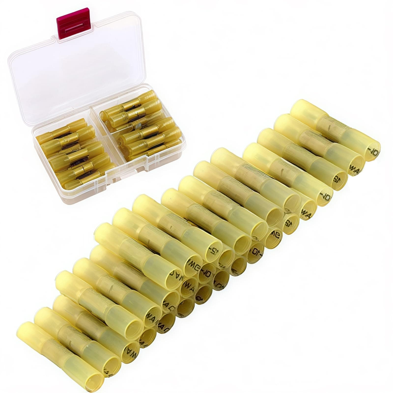 Heat Shrink Butt Connectors, CESFONJER Crimp Butt Splice Terminal Terminals Connectors Kit, Solderless Connectors, Waterproof Wire Connectors Yellow Suitable for 12-10AWG Cable (30 Pcs)