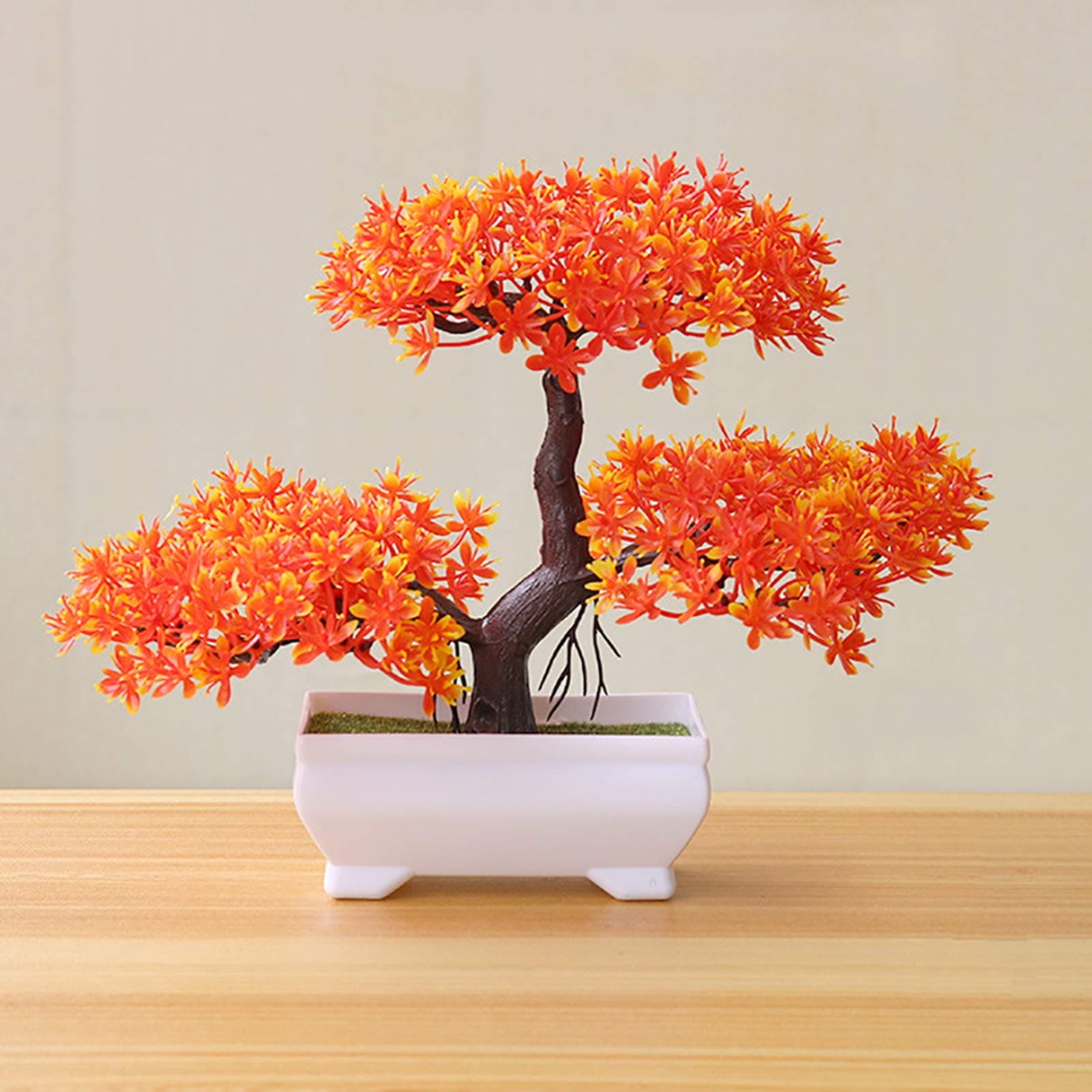 Gemini_mall Artificial Bonsai Cedar, Welcoming Pine Emulate Bonsai Simulation Decorative Artificial Flowers Fake Green Pot Plants Ornaments Home Decor Sunset Red