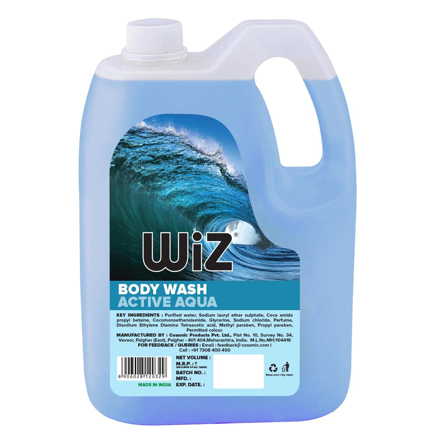 wiz LIQUID SOAP Wiz Body Wash Active Aqua - 5L Refill Pack|Shower Gel For A Cool,Refreshing&Cleanse|Enriched With Skin Conditioners&Glycerine|Paraben-Free Formula|Soft,Glowing&Hydrated Skin