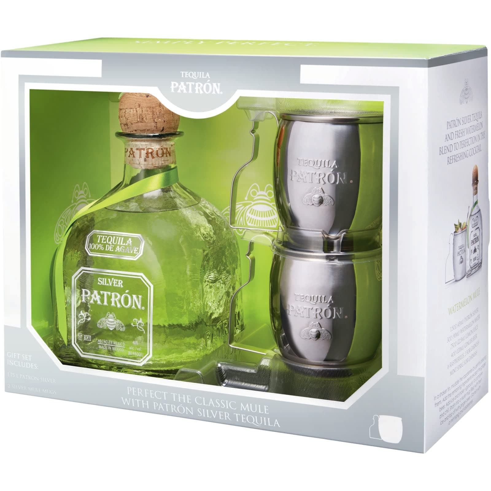 Patron Silver Premium Tequila Gift Pack with 2x Mule Mugs, 70 cl