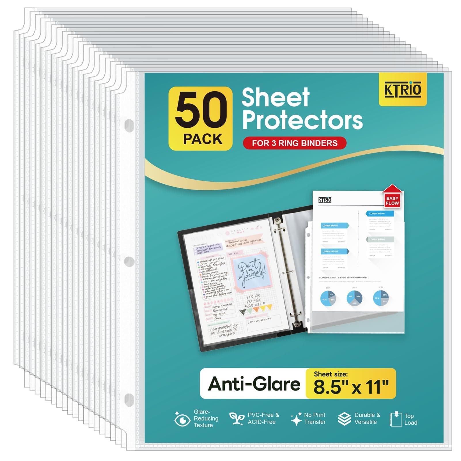 KTRIO 50 Pack Sheet Protectors for 3 Ring Binder, Non Glare Clear Page Protector, Plastic Document Sleeves Fits Standard 8.5 x 11 Paper, Top Loading, Acid Free