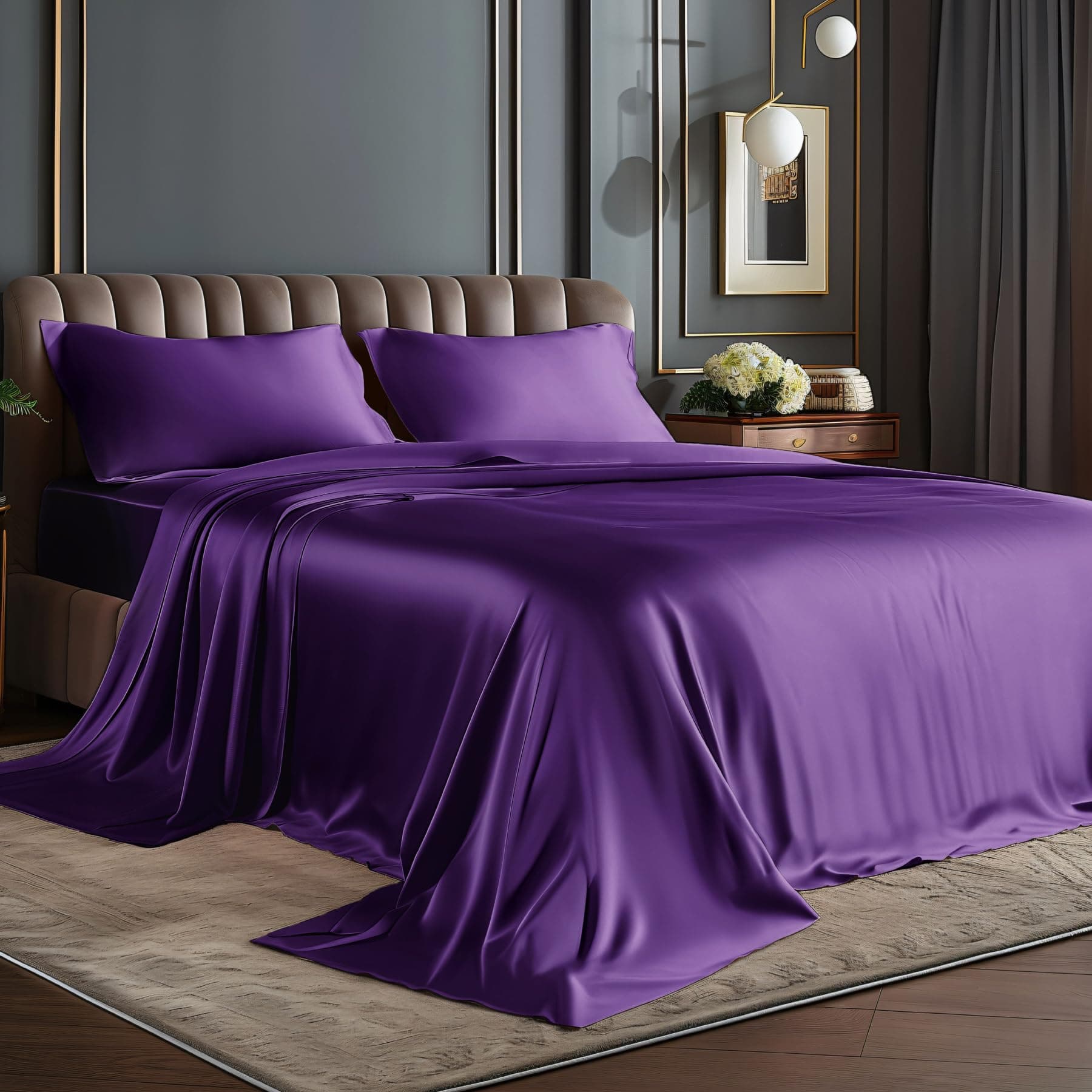 BEDELITE Satin Sheets Twin Size Bed Set, Luxury Soft Plum Purple Silky Sheets for Hair and Skin, Similar to Silk Bed Sheets Set 3 Pieces with 1 Deep Pocket Fitted Sheet, 1 Flat Sheet, and 1 Pillowcase